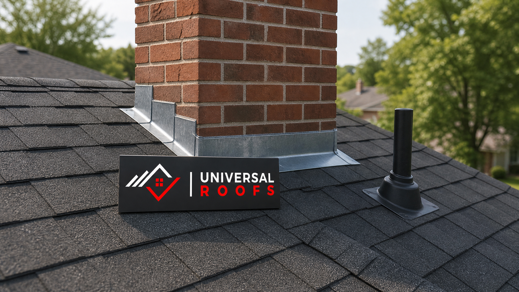 Well-maintained roof flashing around a chimney and vent pipe on a Toronto home in summer daylight