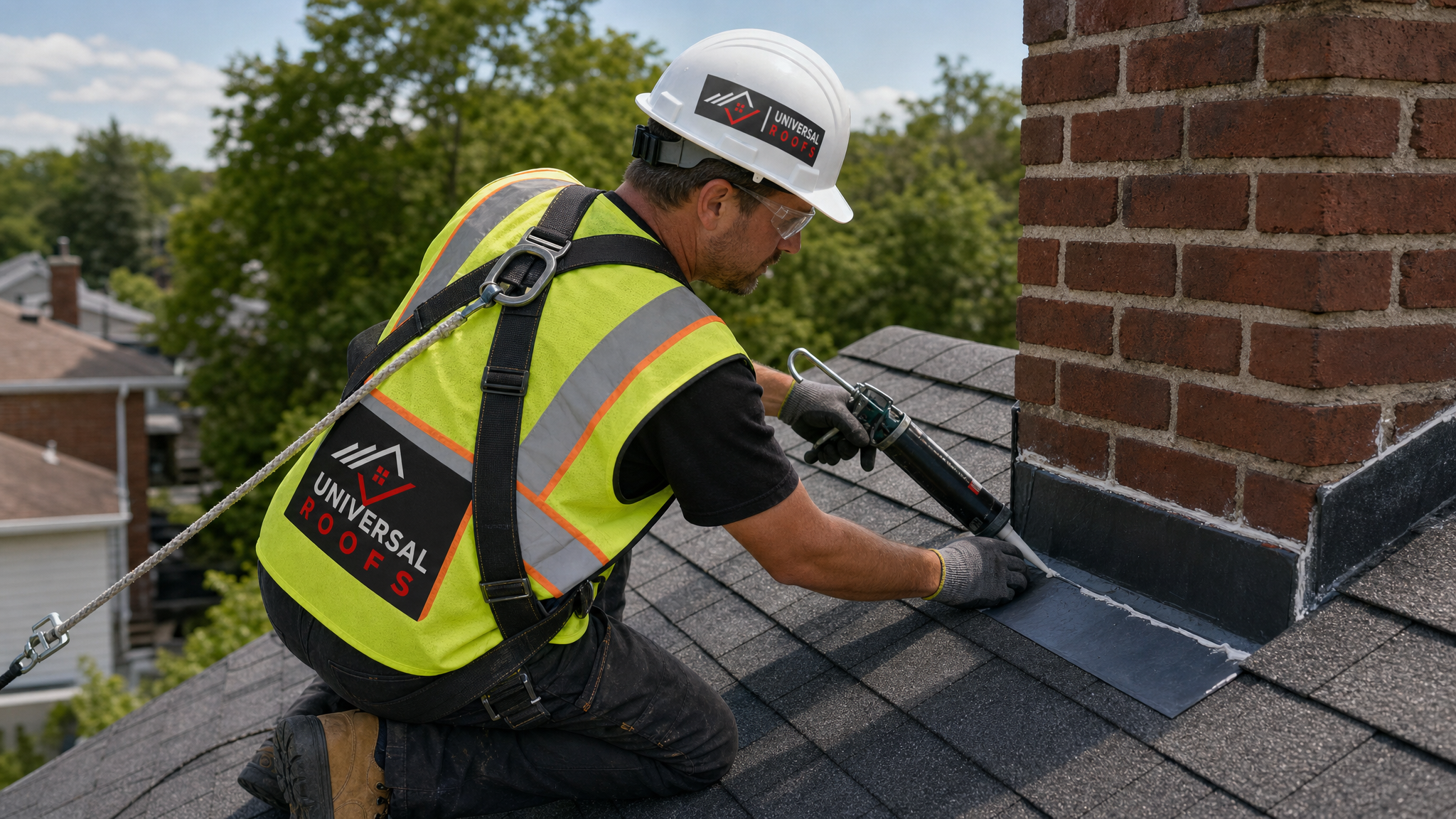 Roofer wearing full safety harness inspecting and resealing chimney flashing on a Toronto roof