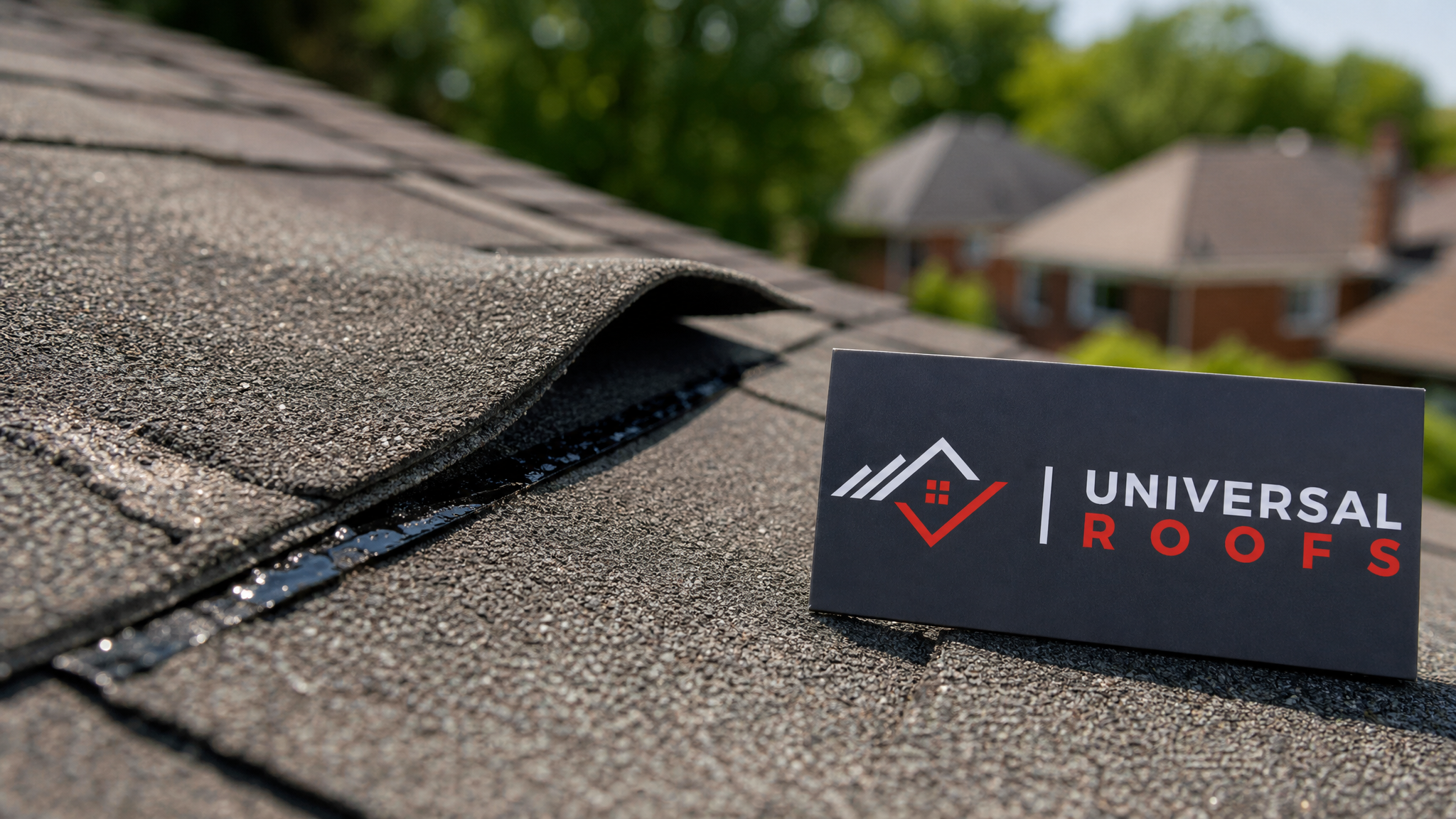 Close-up of an asphalt shingle tab with a broken seal strip and lifted edge caused by wind, with a small branded sign placard beside it
