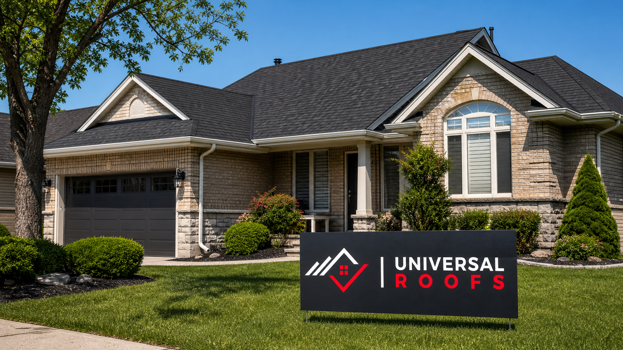 Fully repaired asphalt shingle roof on a Toronto-area home under clear summer sky with a Universal Roofs branded sign placard resting on the lawn