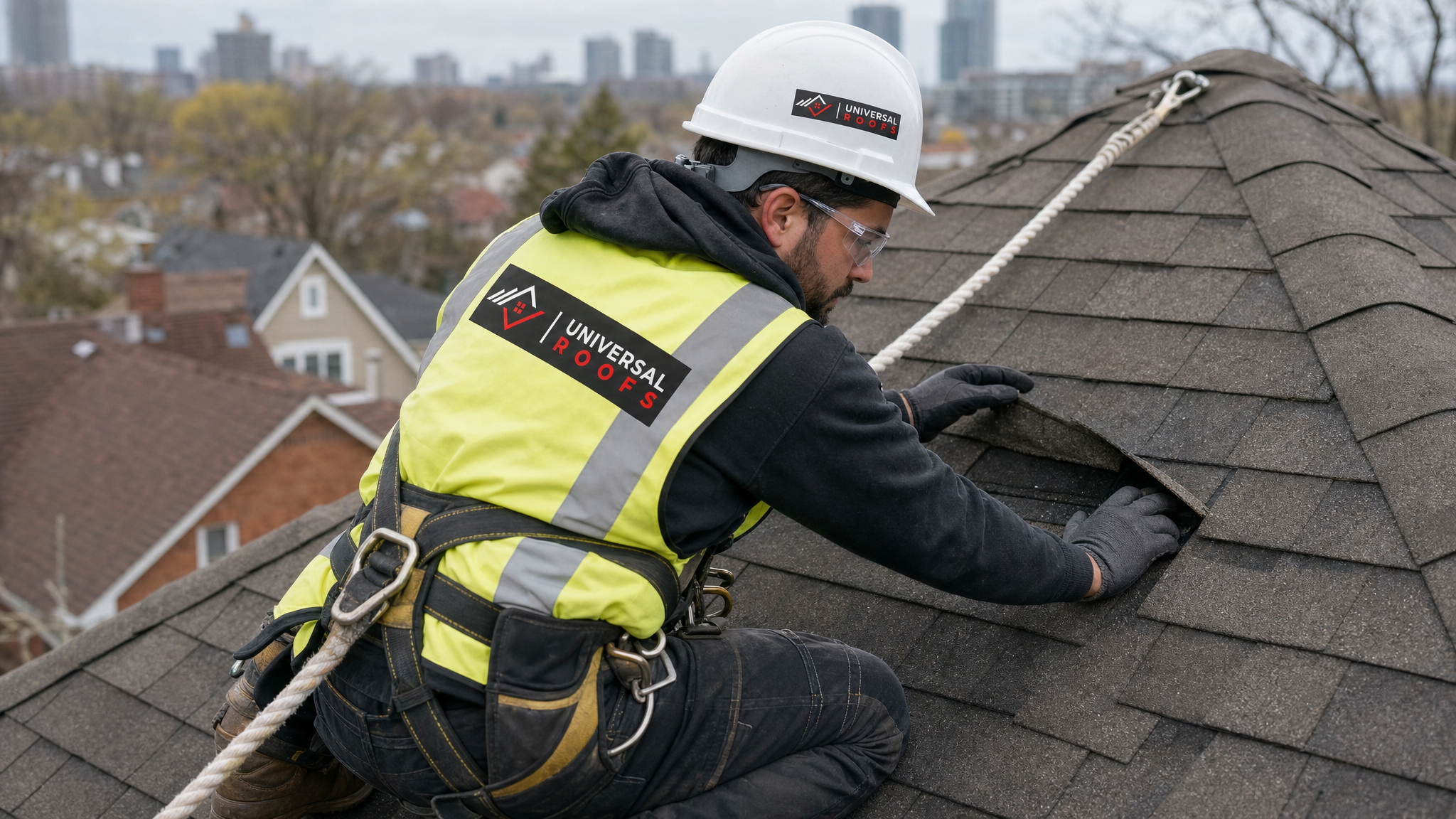 Roofer wearing hard hat, hi-vis vest, safety glasses, gloves and fall-protection harness inspecting wind-lifted shingles on a residential roof in daylight