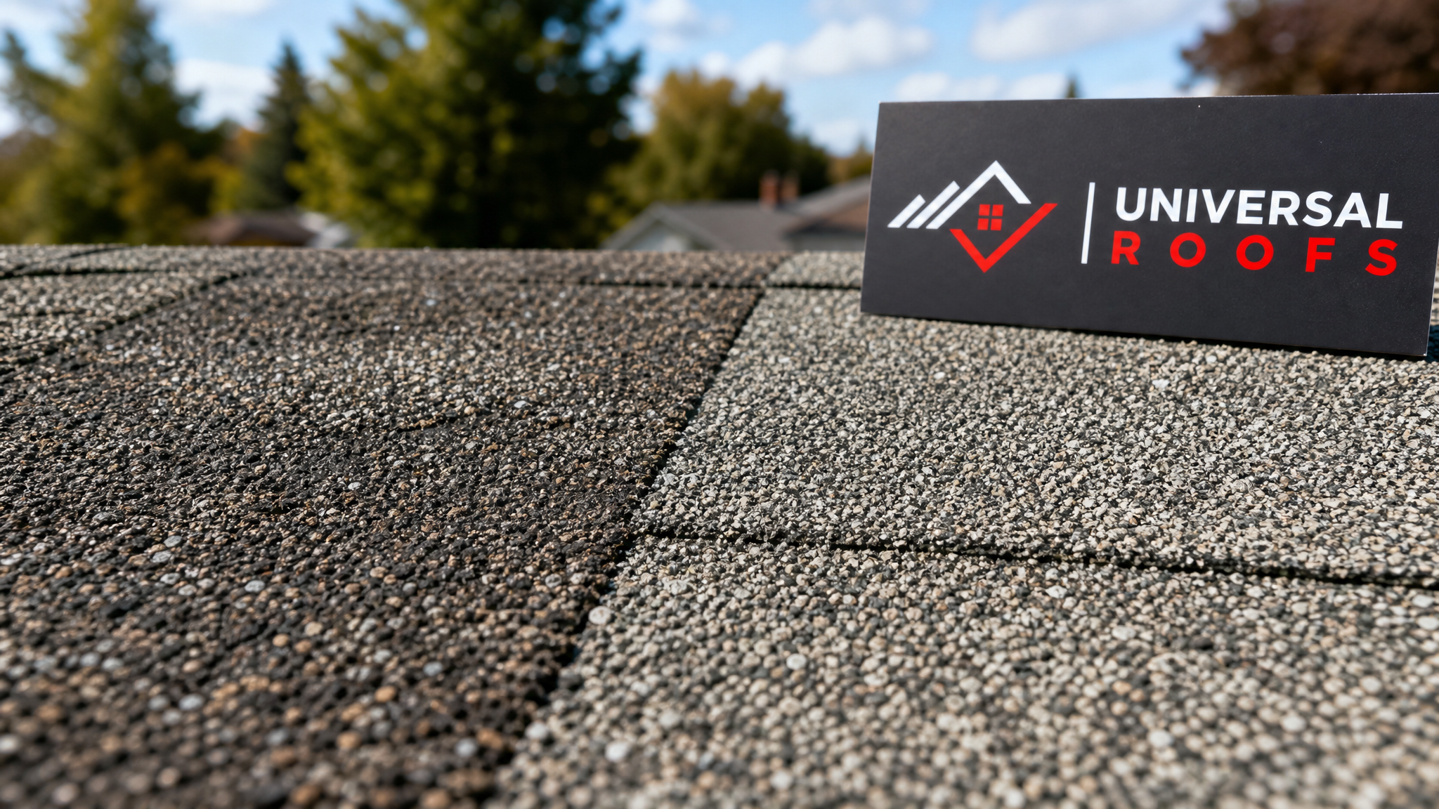 Close-up of asphalt shingle granules showing colour blend and texture detail with a branded sign placard nearby