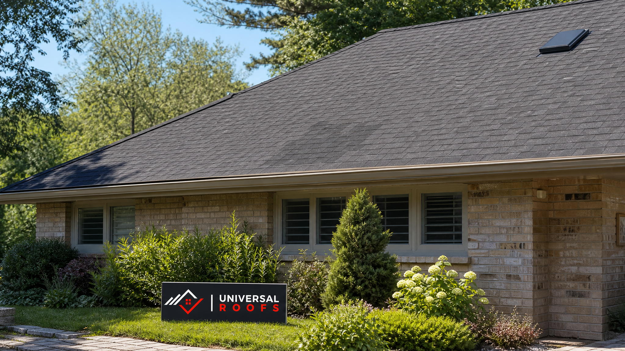 A repaired asphalt shingle roof on a Toronto home with a seamlessly blended new shingle section matching the surrounding roof colour in summer daylight