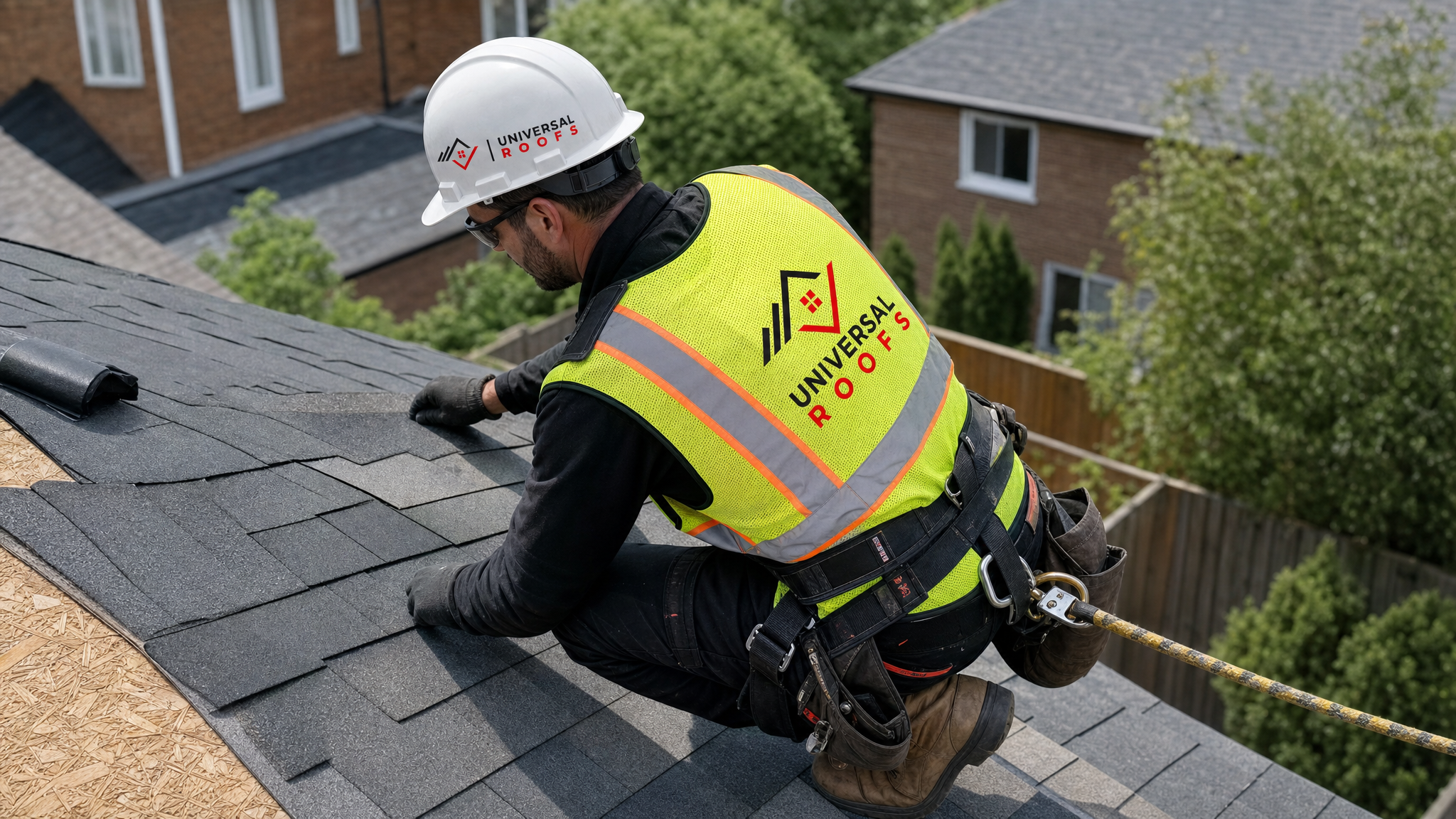 A roofer wearing full safety harness and PPE carefully installing colour-matched shingles on a section of a residential roof in Toronto