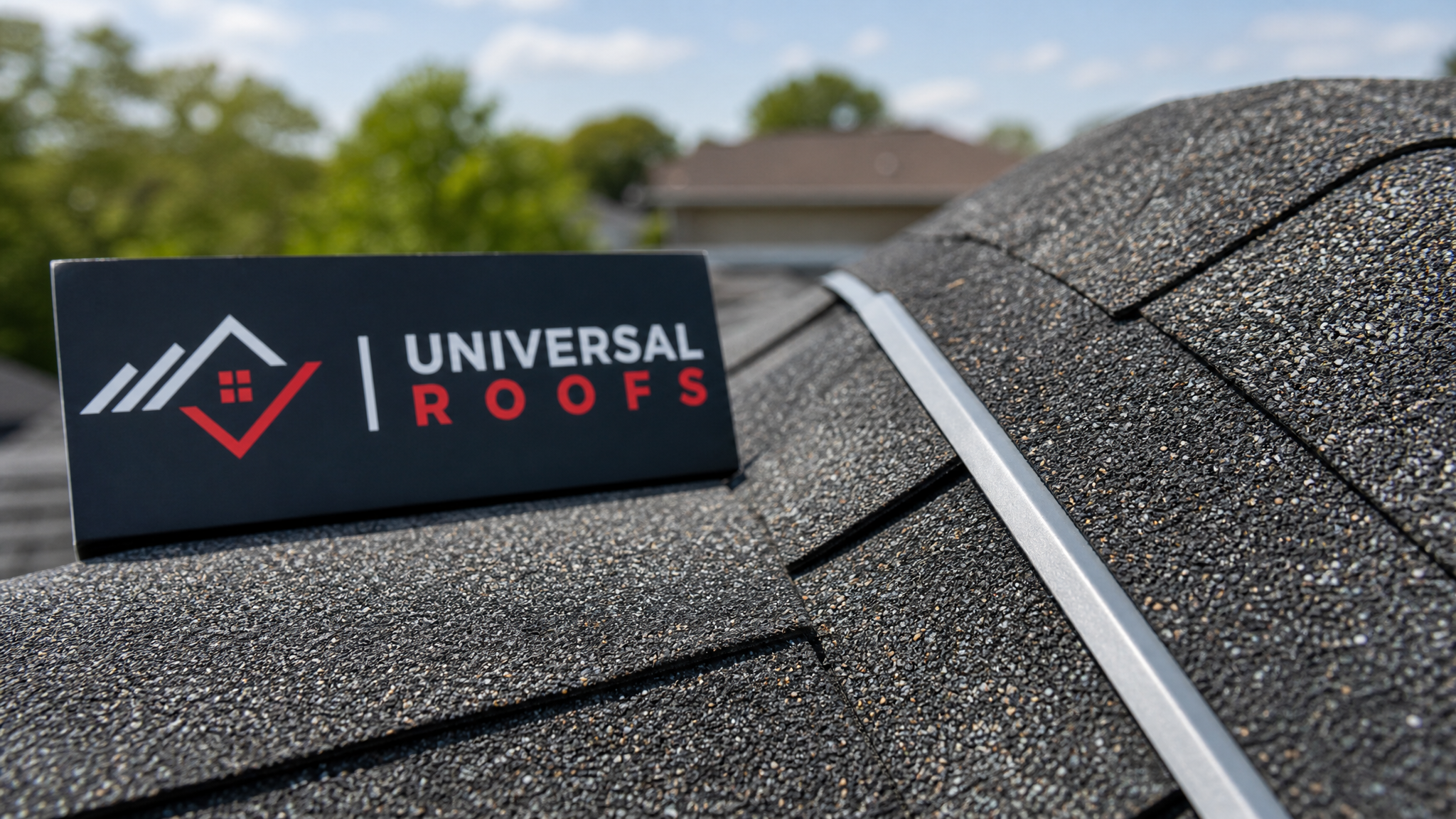 Close-up detail of asphalt shingle granules and a zinc control strip along a roof ridge, with a small branded Universal Roofs sign placard visible in the frame, daylight, shallow depth of field