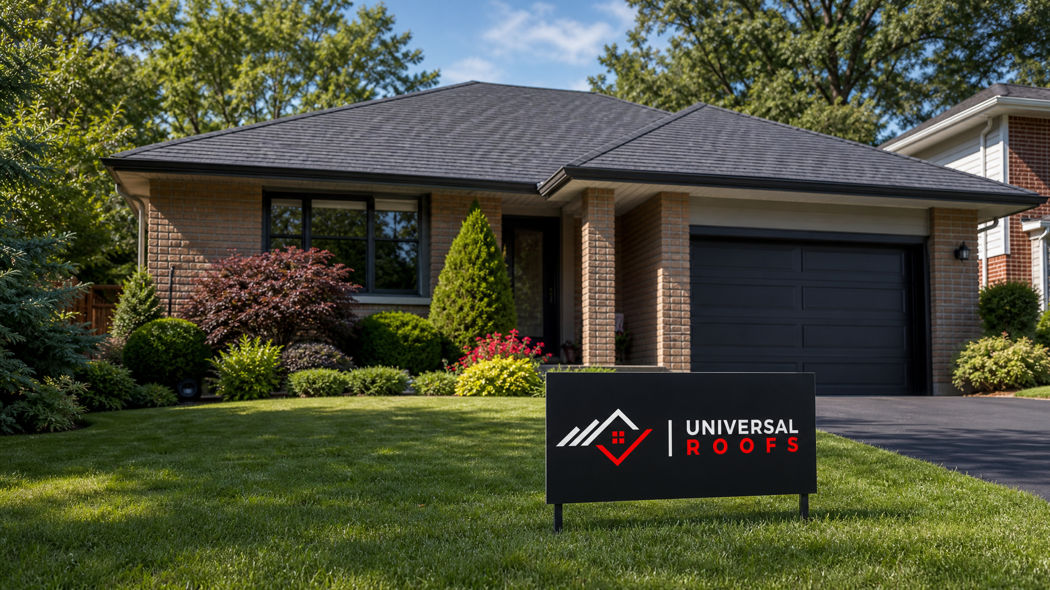 Freshly cleaned asphalt shingle roof on a Toronto-area home in summer daylight, free of algae streaking, with a branded Universal Roofs sign placard resting on the lawn nearby
