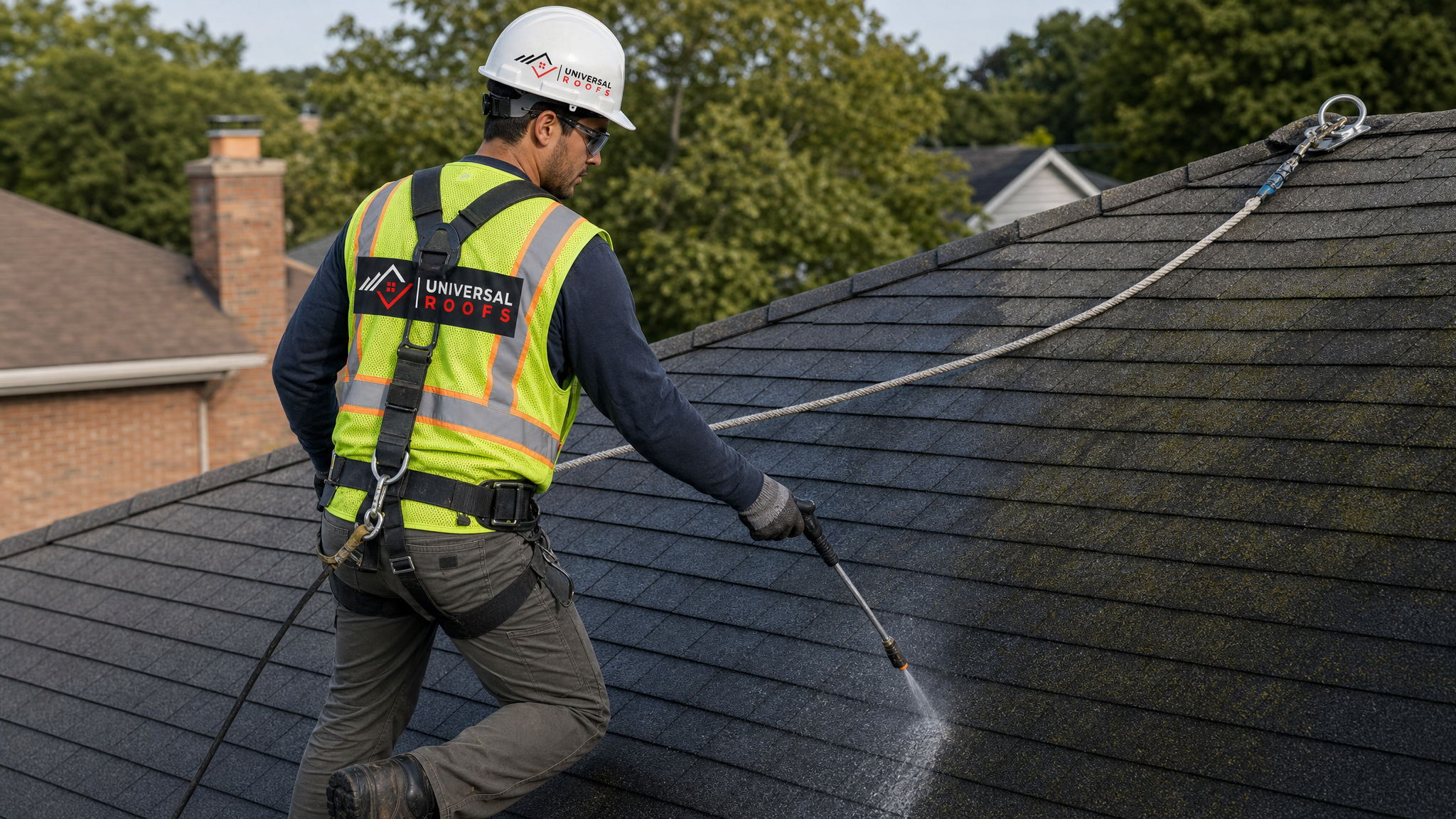 Roofer in full safety gear, hard hat and hi-vis vest with company logo, harnessed and tethered with a safety rope, applying a low-pressure soft-wash cleaning solution to an asphalt shingle roof on a sunny day in a GTA suburb
