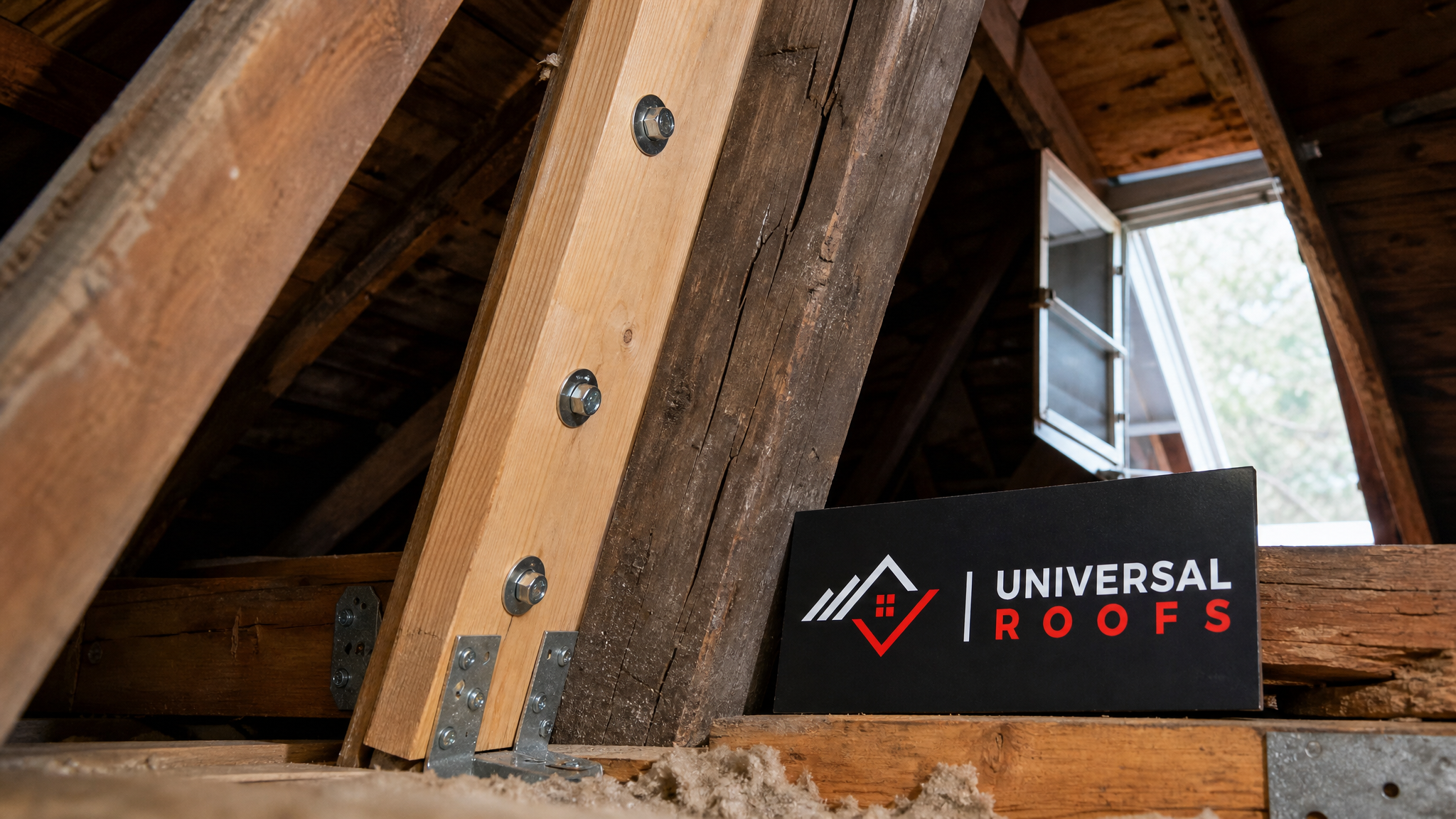 Close-up of a sistered roof rafter repair showing new lumber bolted alongside an original damaged rafter in an attic