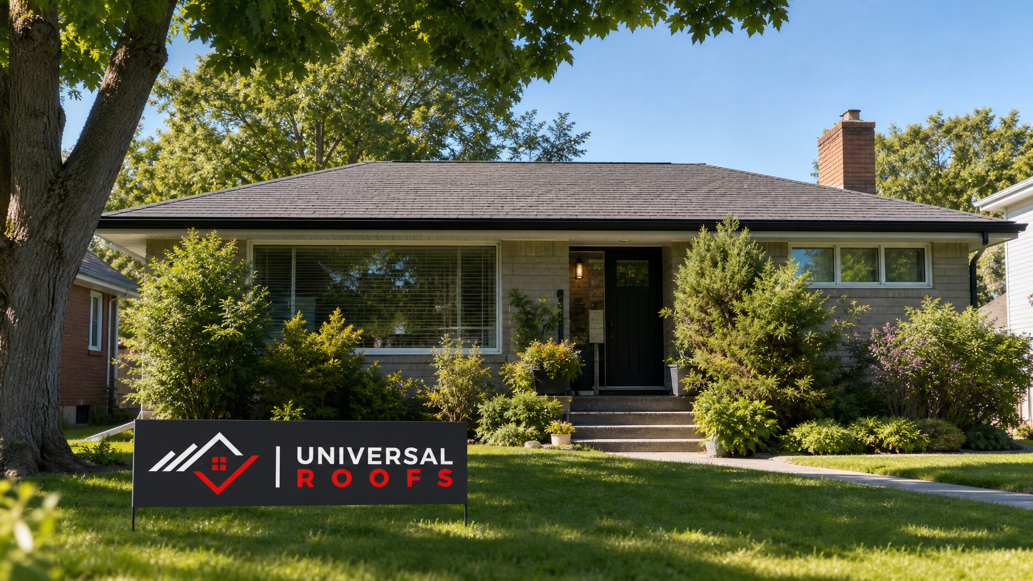 Restored roofline on a Toronto home after professional sagging repair, straight ridge line visible against summer sky