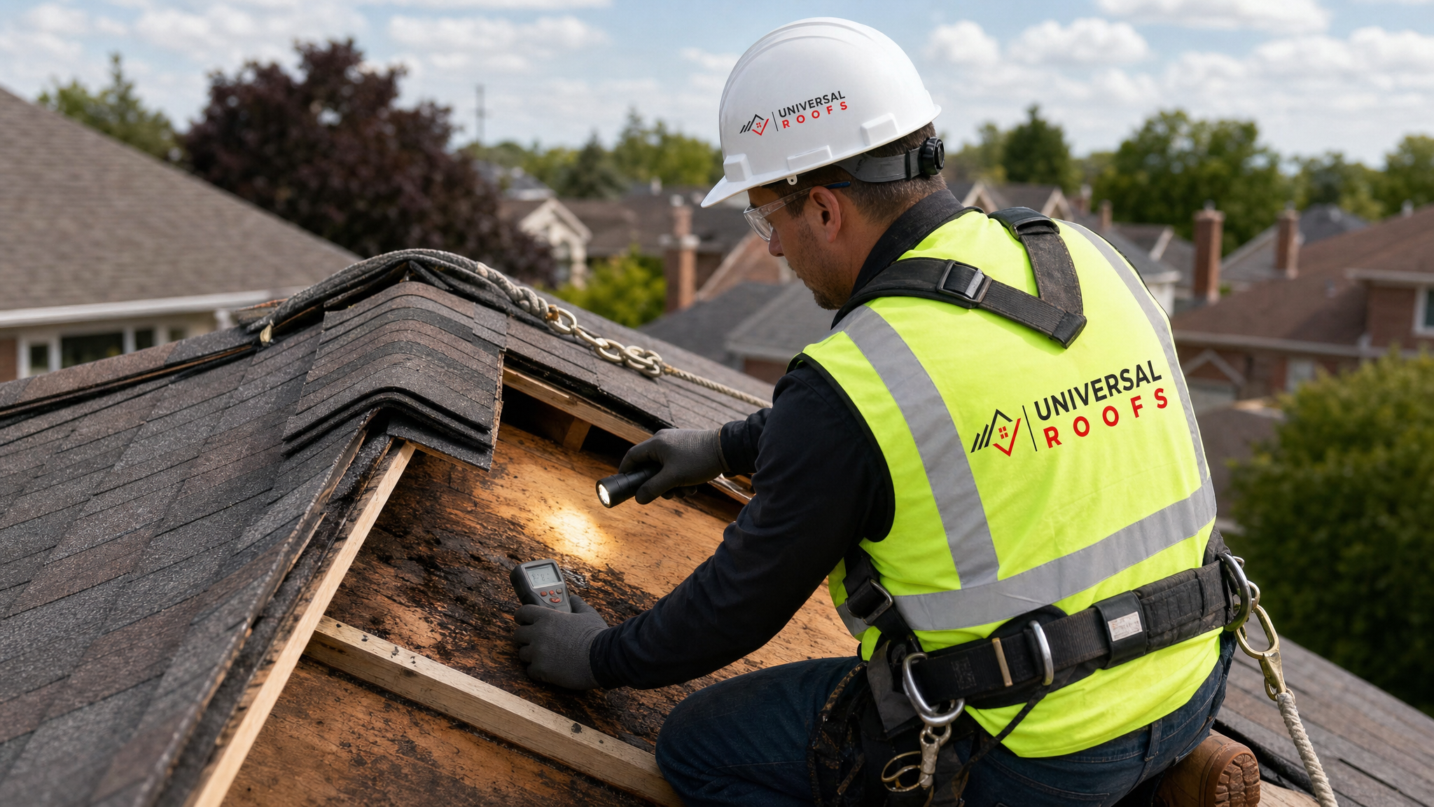 Roofing technician in full safety harness and PPE inspecting rafters and roof sheathing from above on a Toronto home