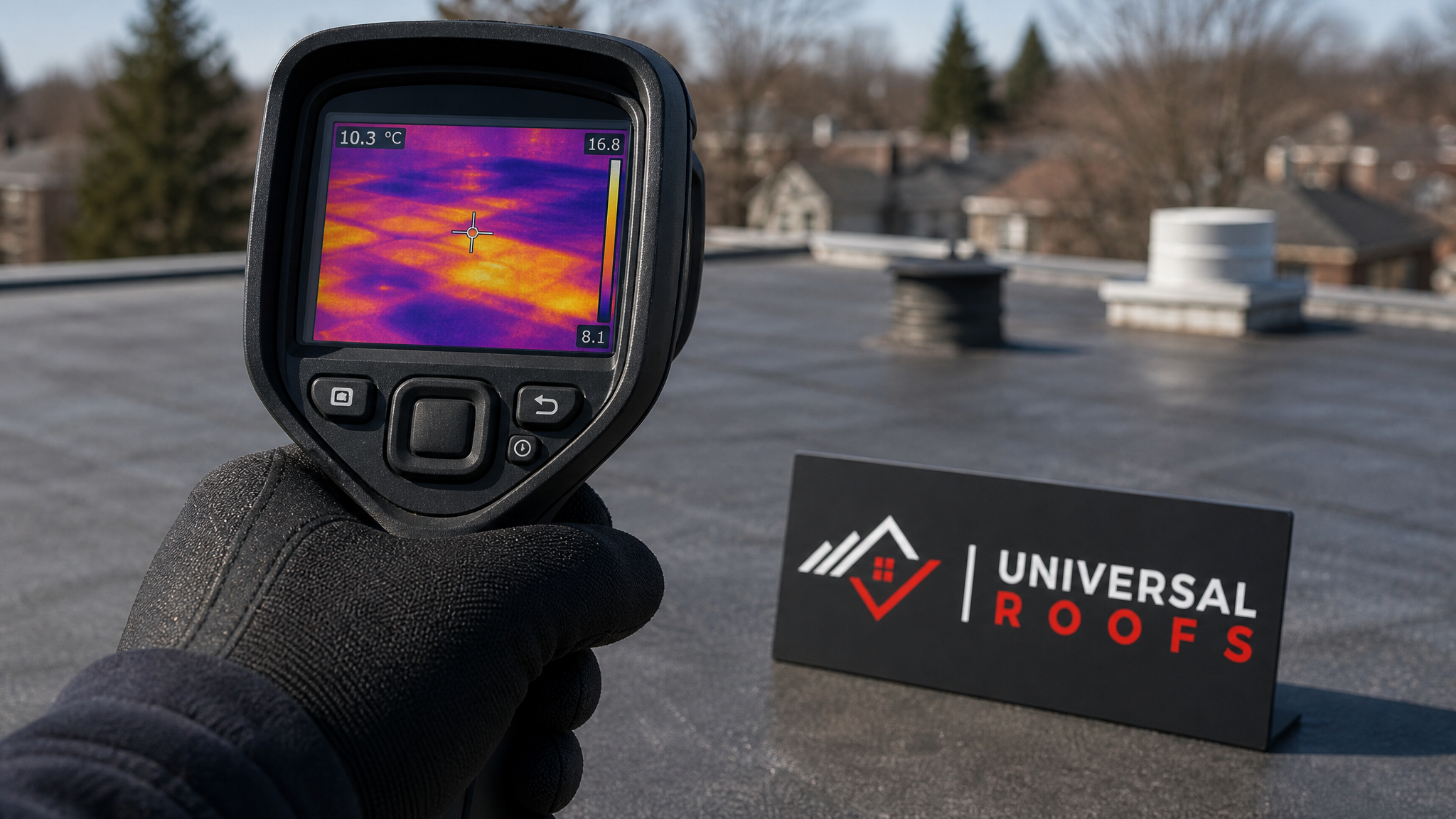 Close-up of a thermal imaging camera screen showing a moisture reading against a roof membrane