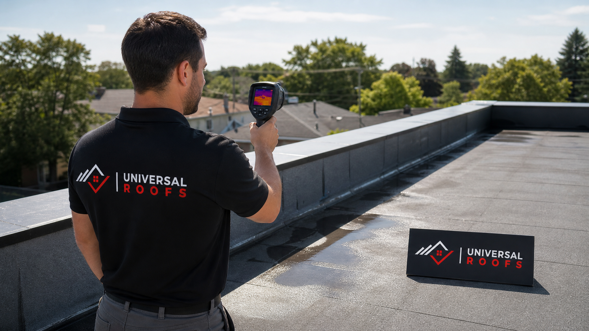 Roofing technician using a handheld thermal imaging camera to scan a flat roof membrane in daylight