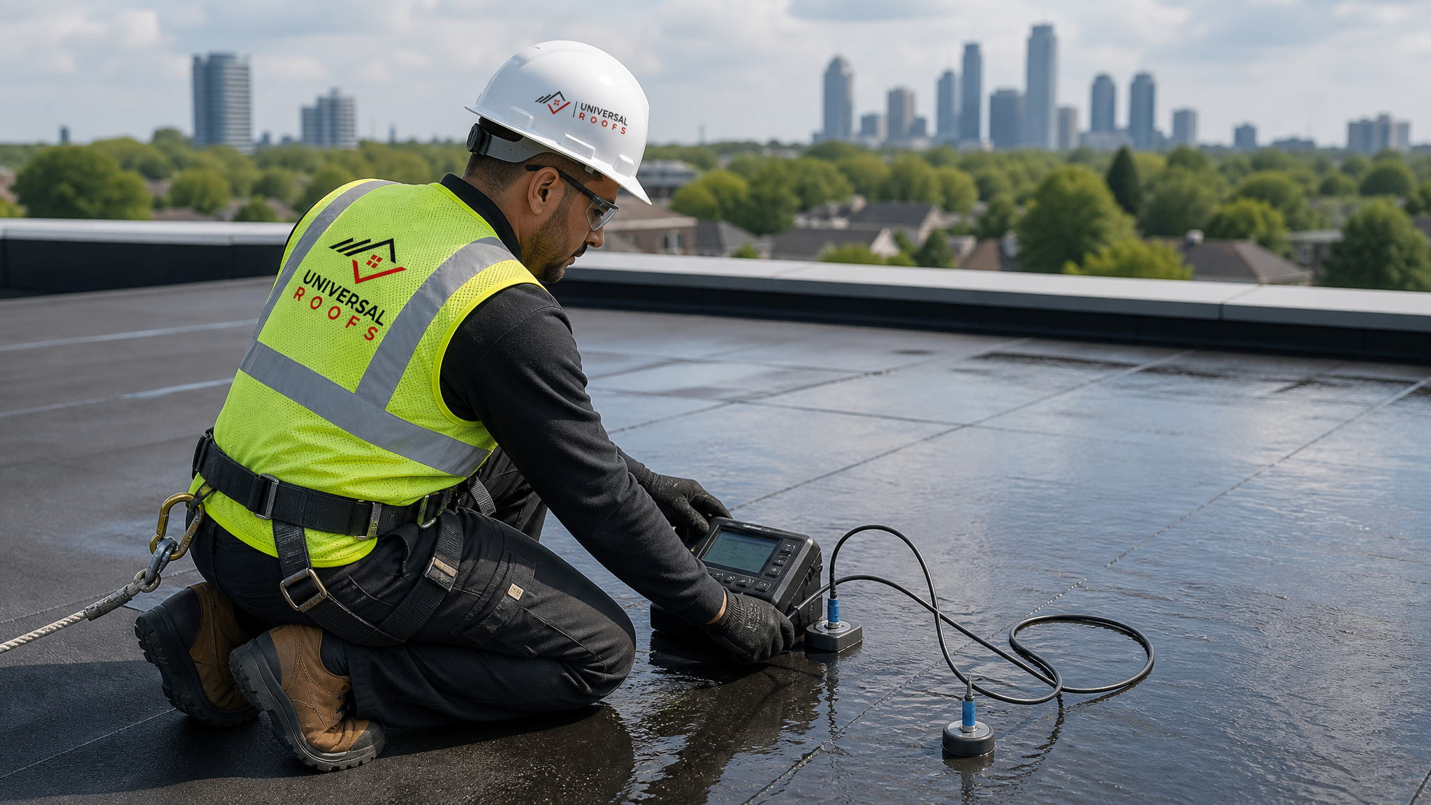 Roofer in full safety gear using an electronic leak detection tool on a flat roof membrane