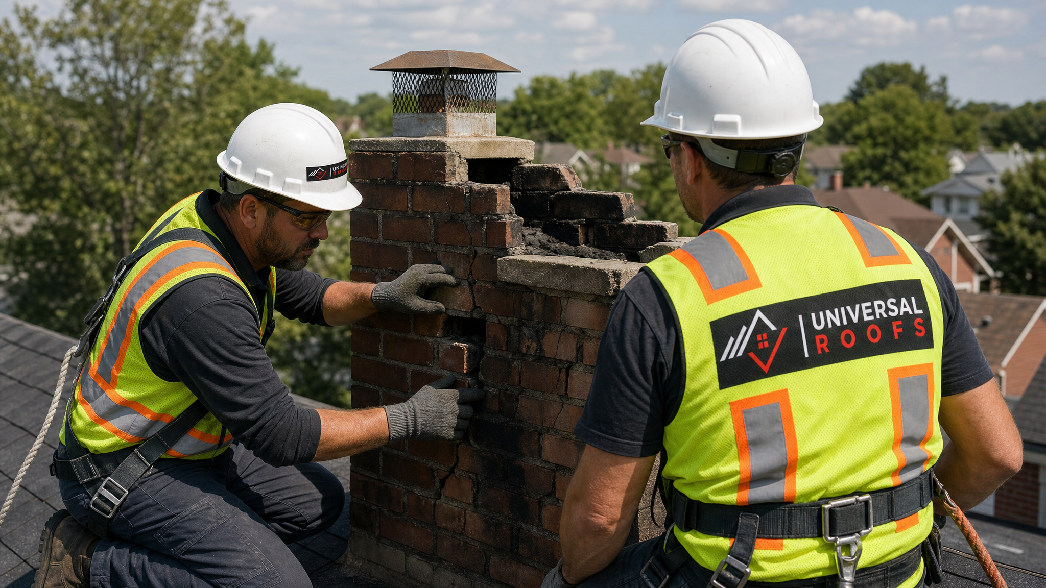 Roofer inspecting fire-damaged chimney masonry while wearing full safety equipment
