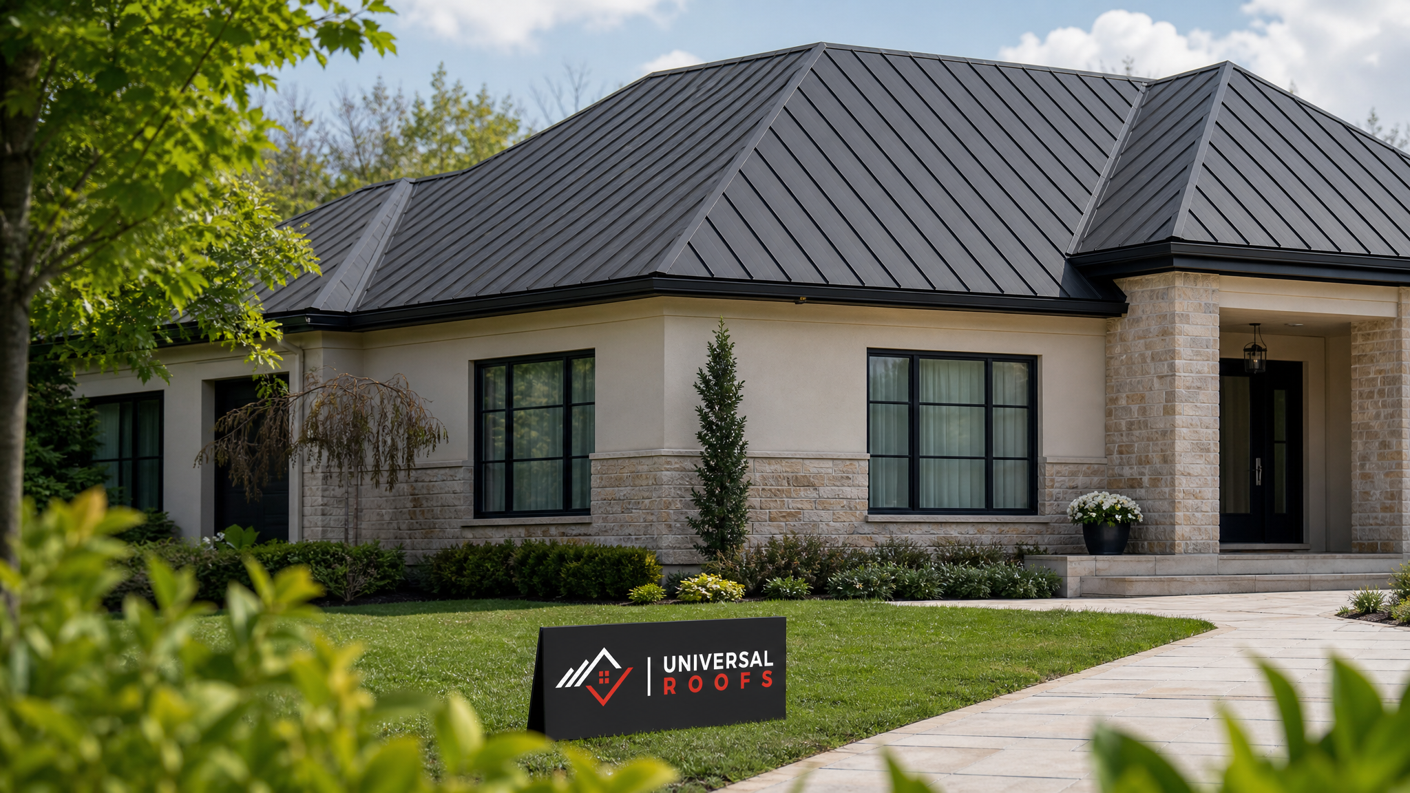 Finished metal roof on a Toronto home with visible standing seams and clean flashing on a sunny summer day