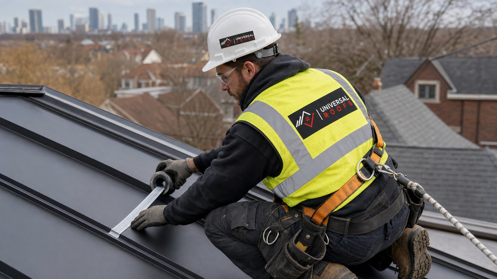 Roofer wearing full safety harness applying butyl sealant tape along a standing seam metal roof joint on a Toronto home
