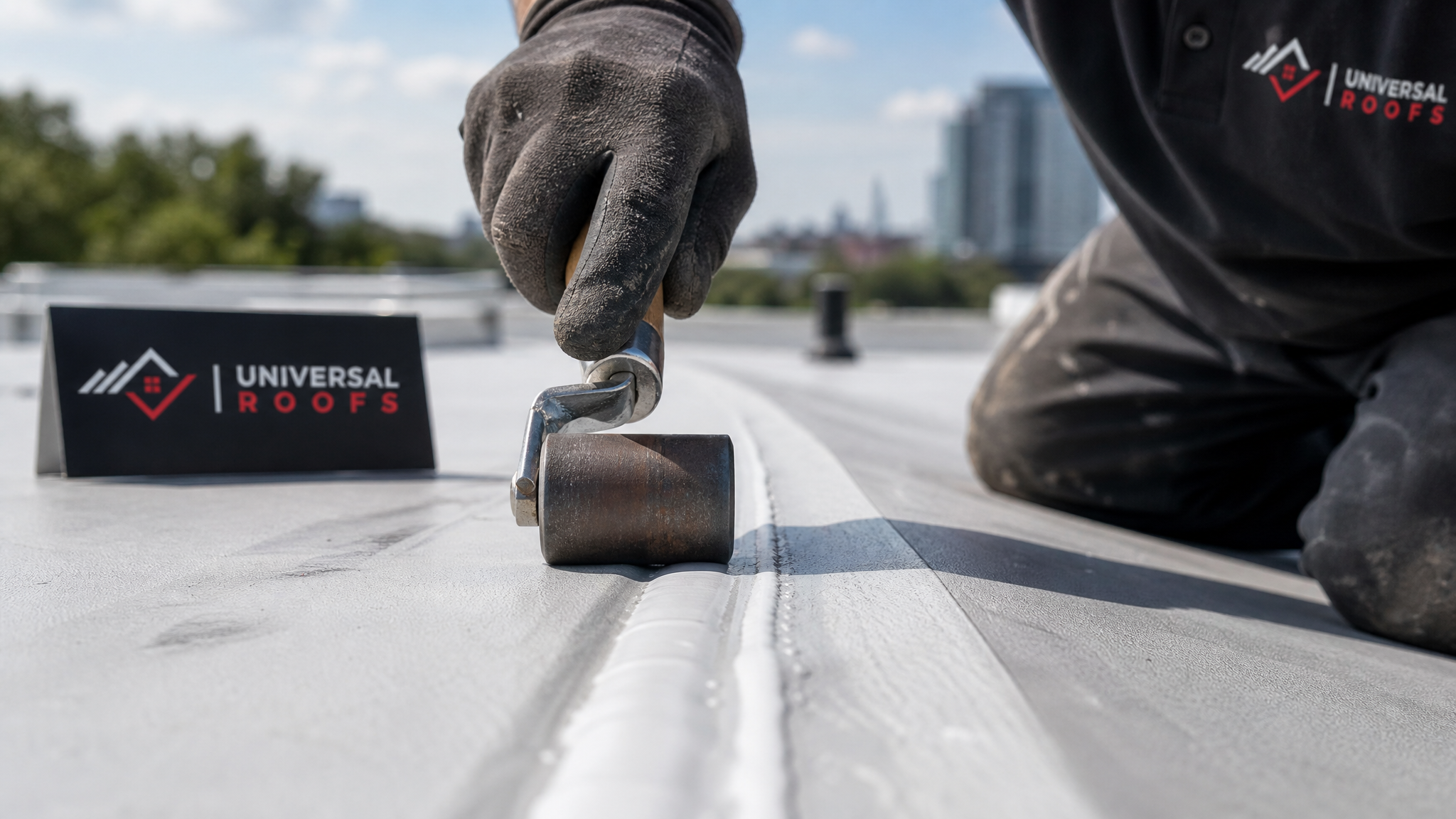 Close-up of a flat roof membrane seam being inspected and resealed, showing the material detail and a Universal Roofs branded sign placard nearby