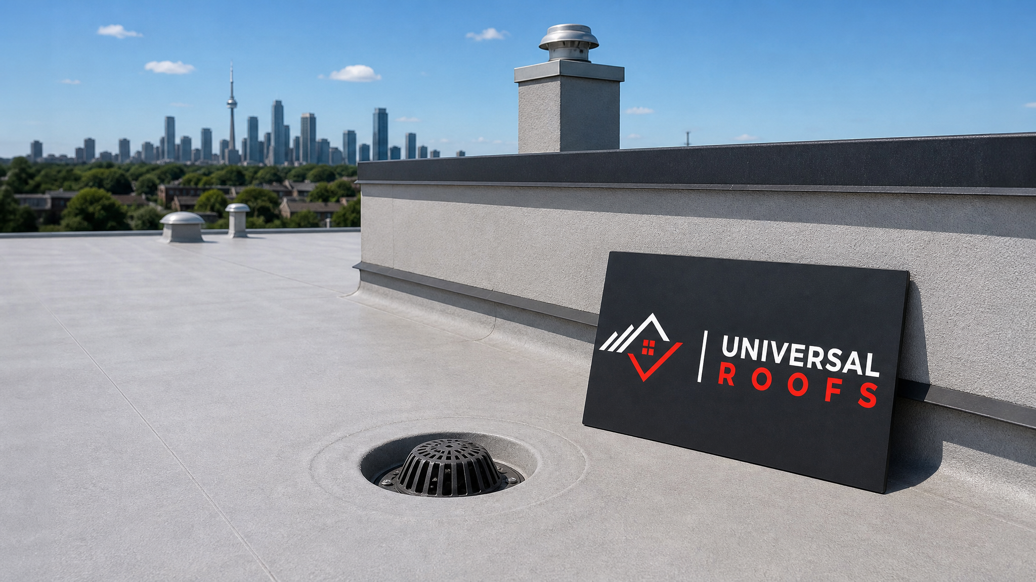A well-maintained flat roof on a Toronto commercial building on a clear summer day, showing a clean membrane surface, functioning drain, and Universal Roofs sign placard