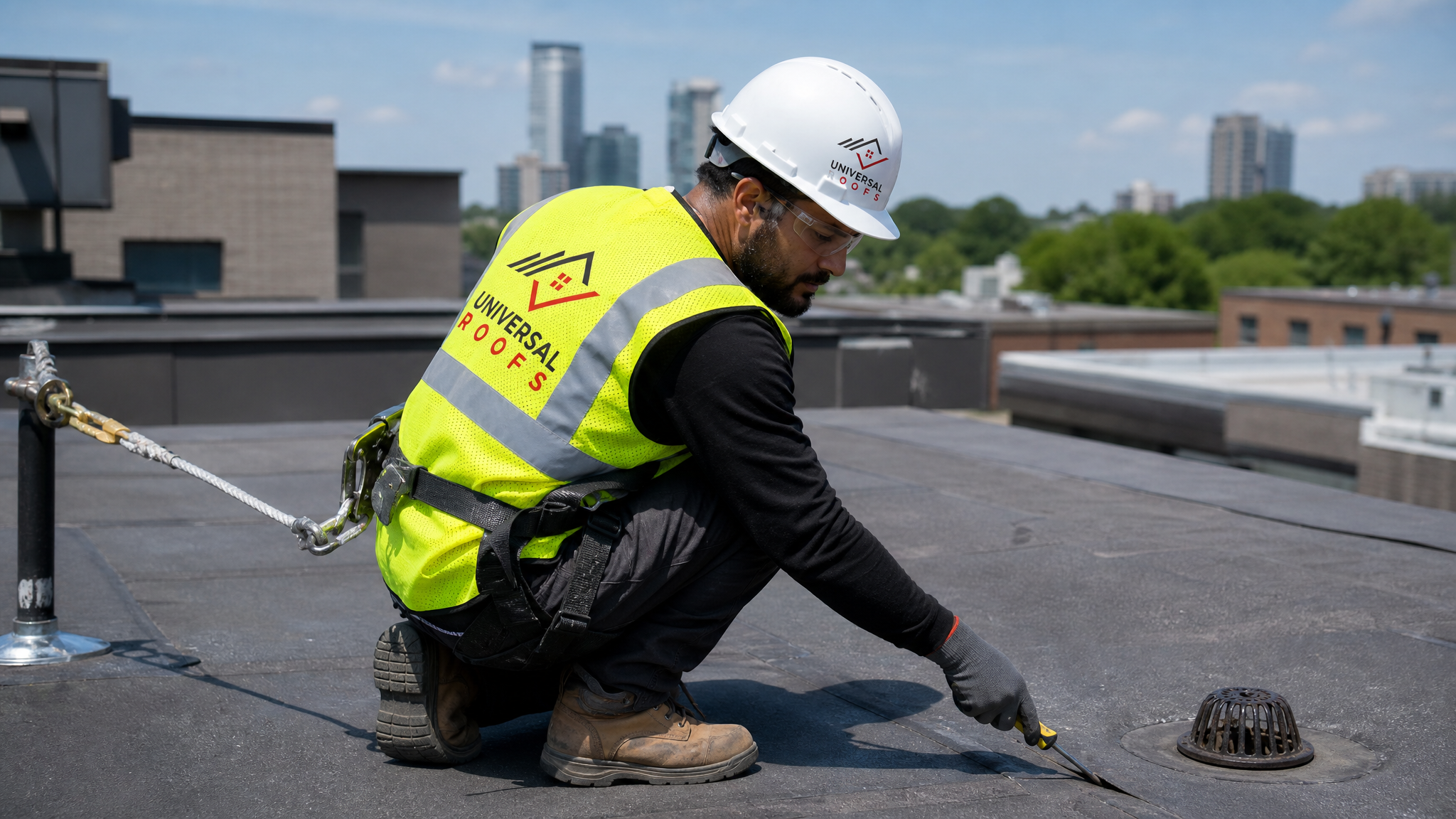 A Universal Roofs technician wearing full safety harness and PPE inspecting a flat roof seam and drain on a Toronto building rooftop in daylight