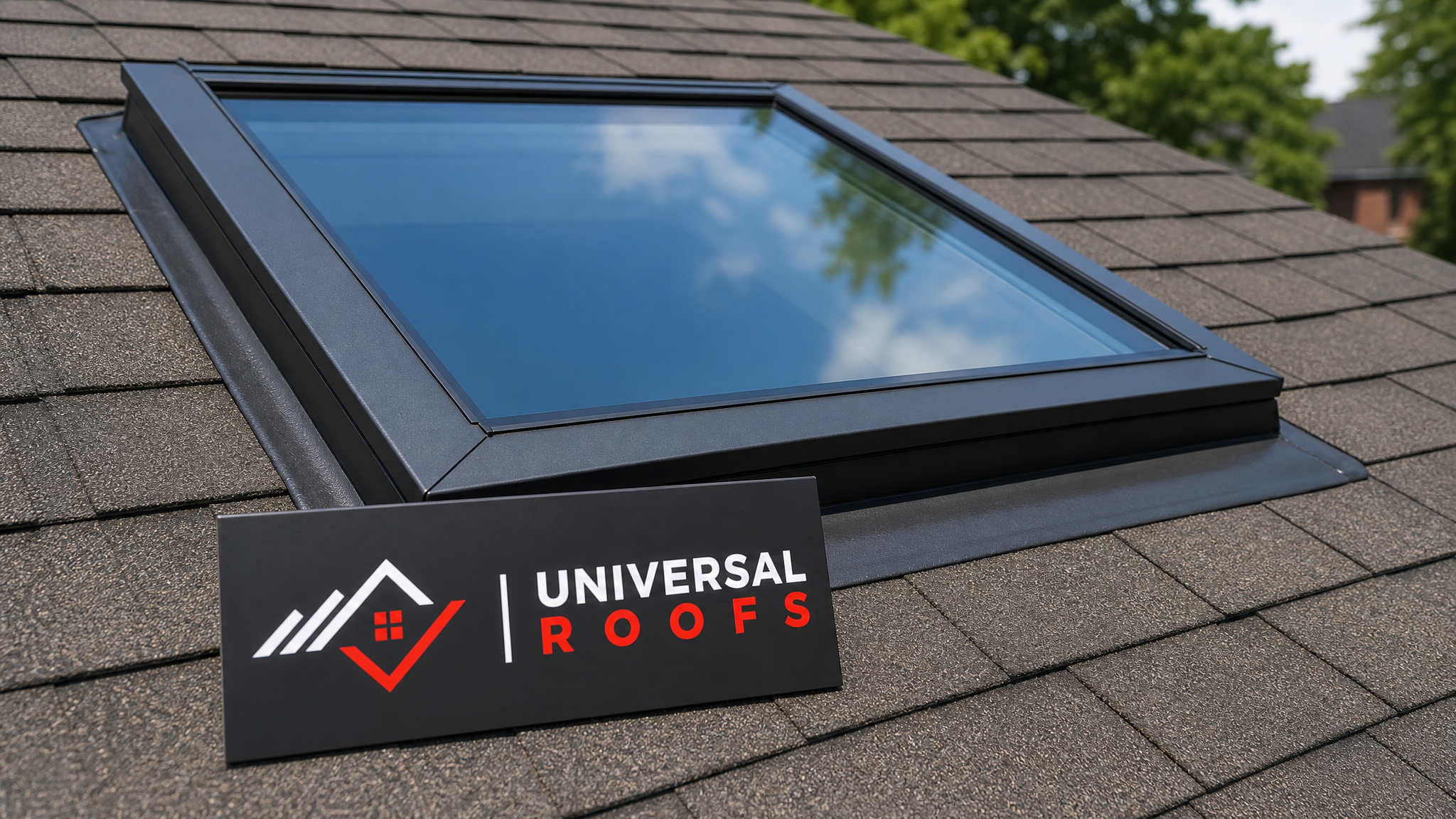 Newly resealed residential skylight on a Toronto home with clear glass and dry surrounding shingles in summer daylight