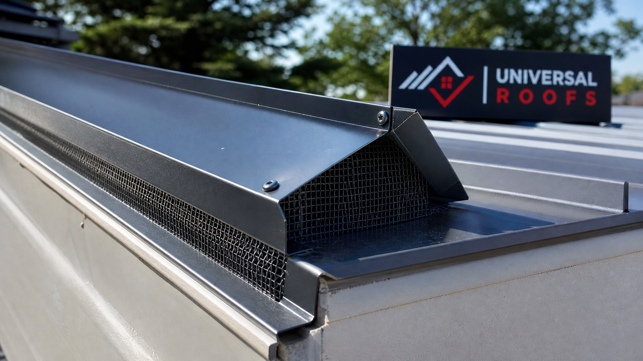Close-up of repaired metal roof flashing seam with new animal-proof mesh guard and Universal Roofs branded sign nearby