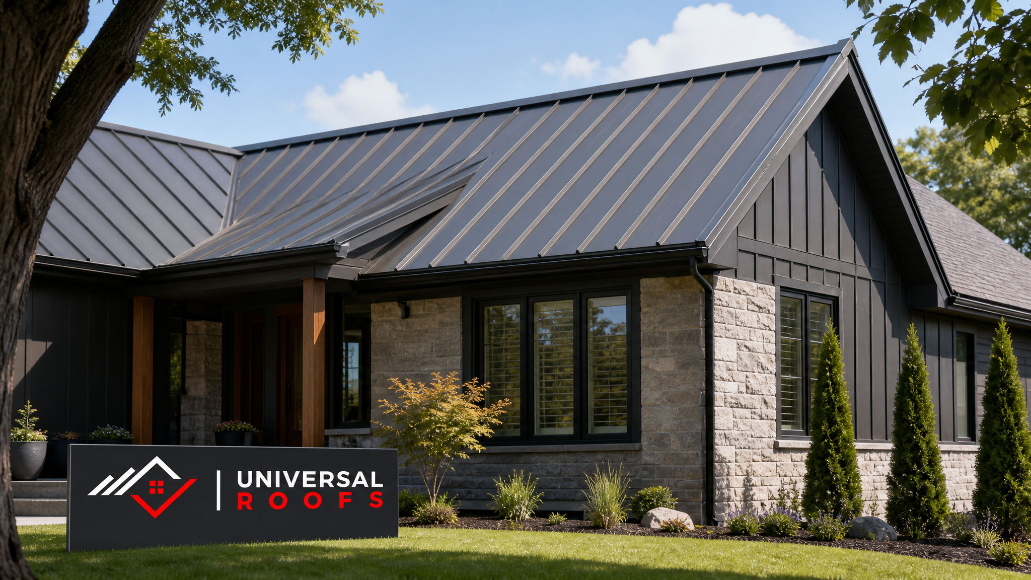 Finished metal roof on a Toronto home with clean seams and flashing after pest damage repair, summer daylight
