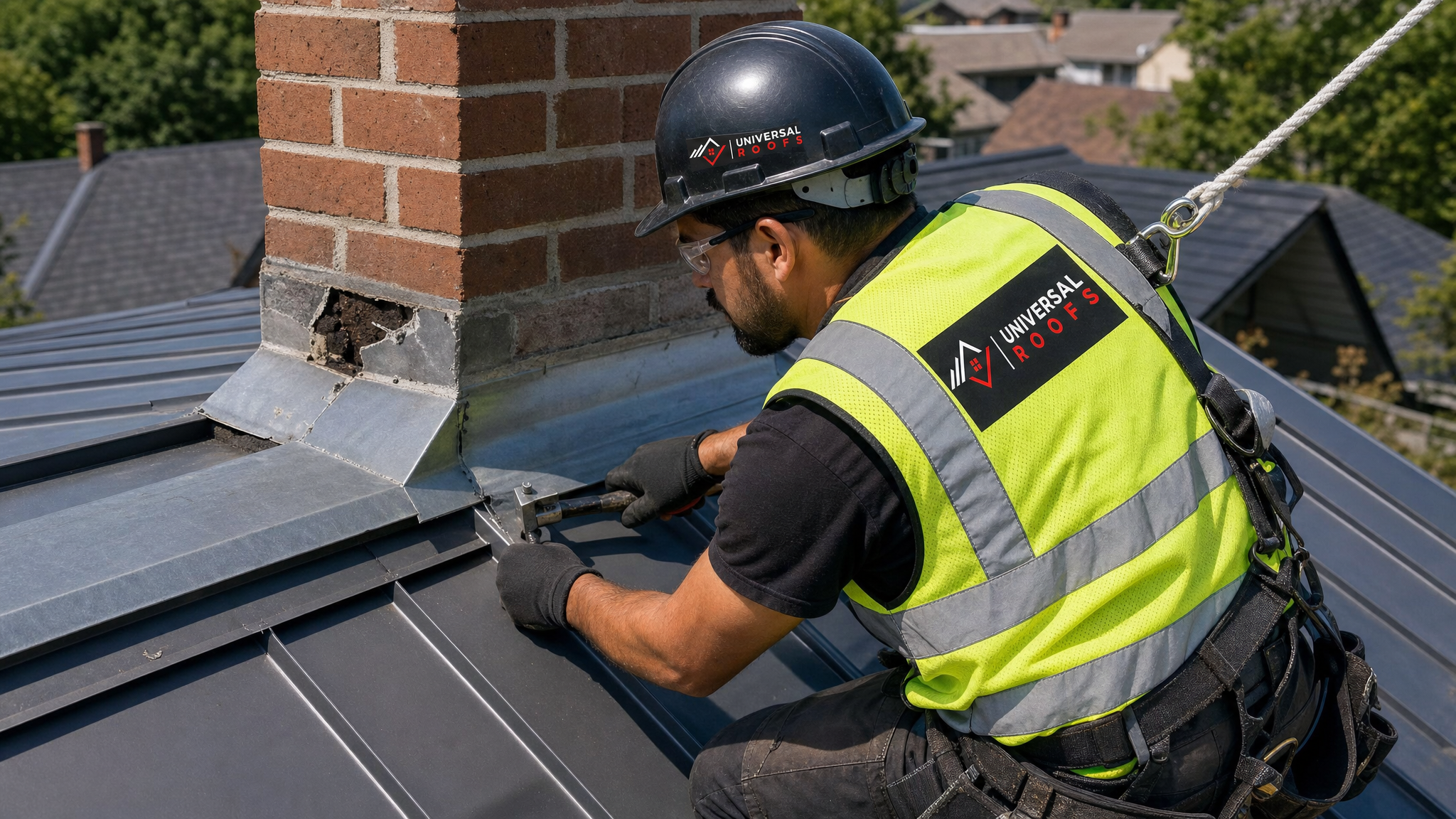 Roofer repairing metal roof flashing damaged by wildlife, wearing full safety harness and PPE on a Toronto rooftop