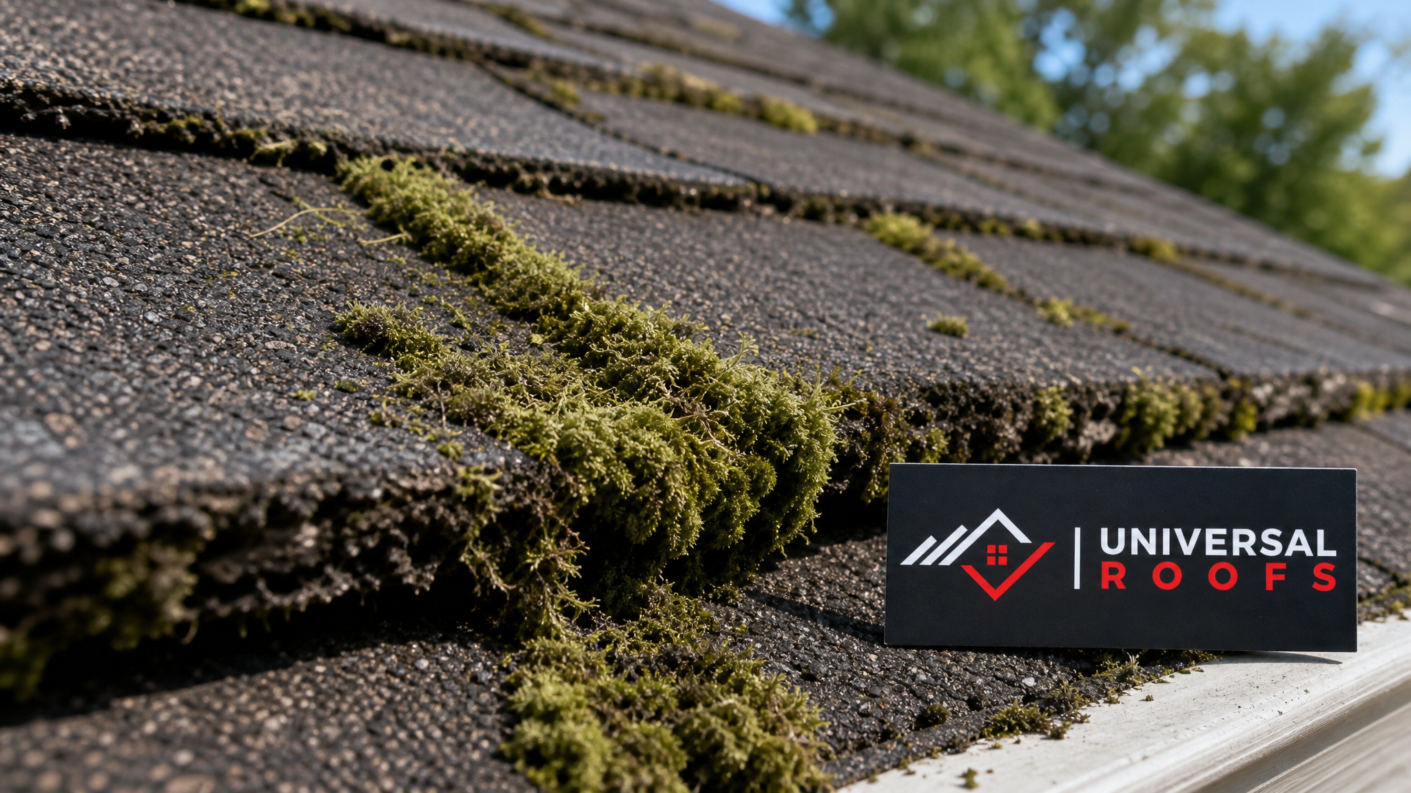Close-up of moss growth lifting asphalt shingle edges and trapping moisture against the roof deck