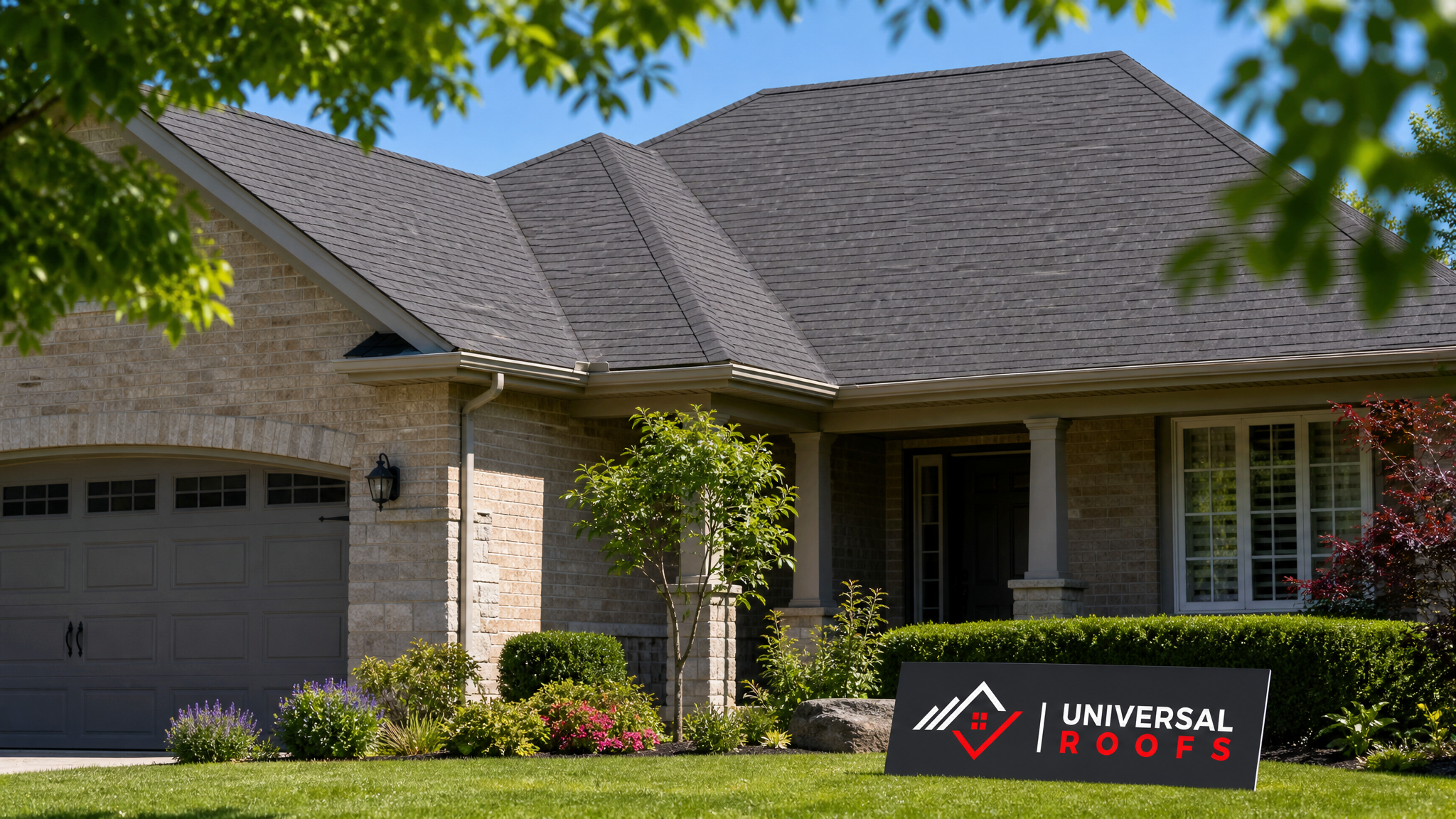 Clean moss-free asphalt shingle roof on a Toronto home in summer daylight with a Universal Roofs branded sign placard nearby