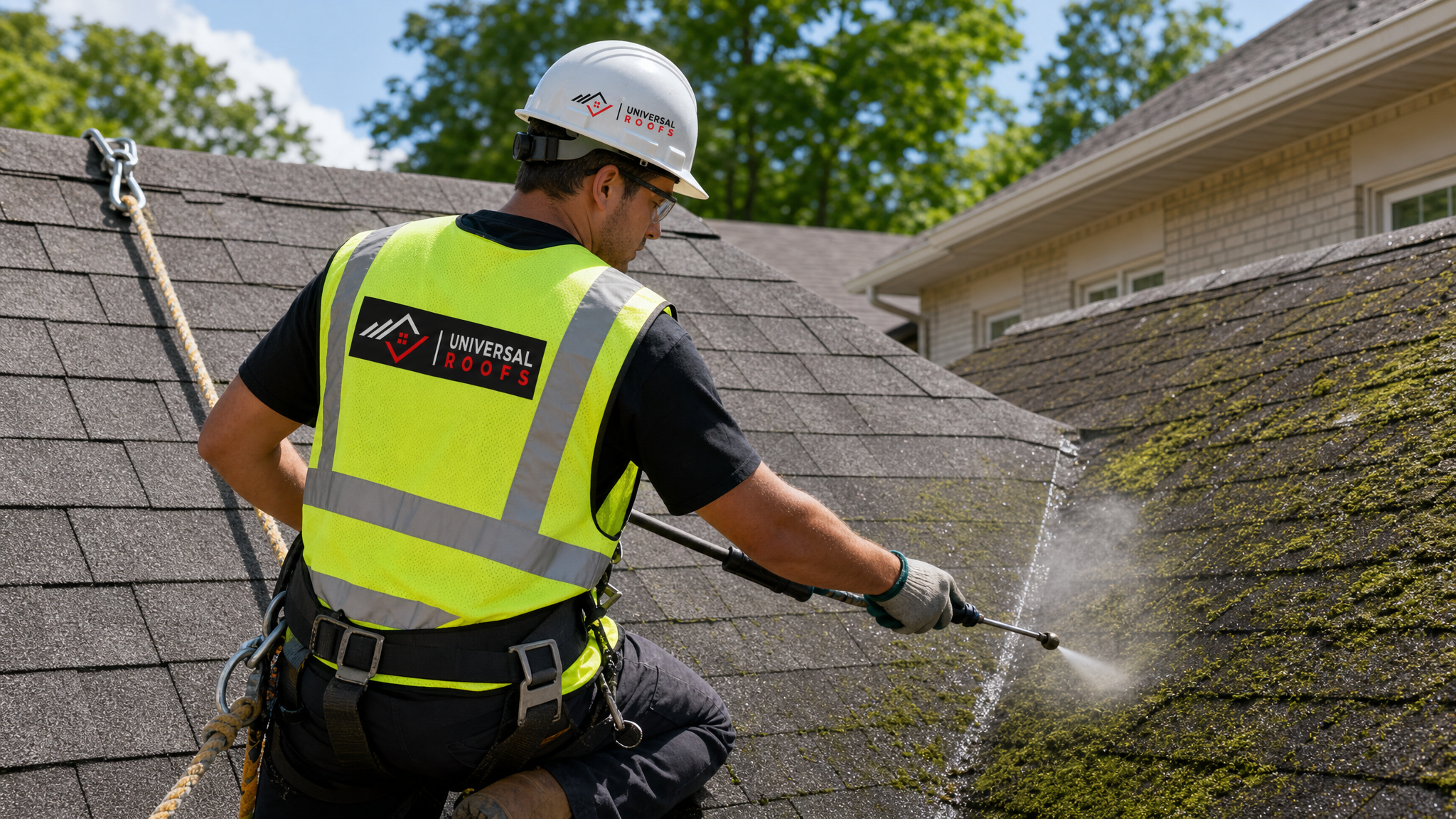 Roofing technician safely removing moss from a shingle roof using a soft-wash technique while wearing full fall-protection safety gear
