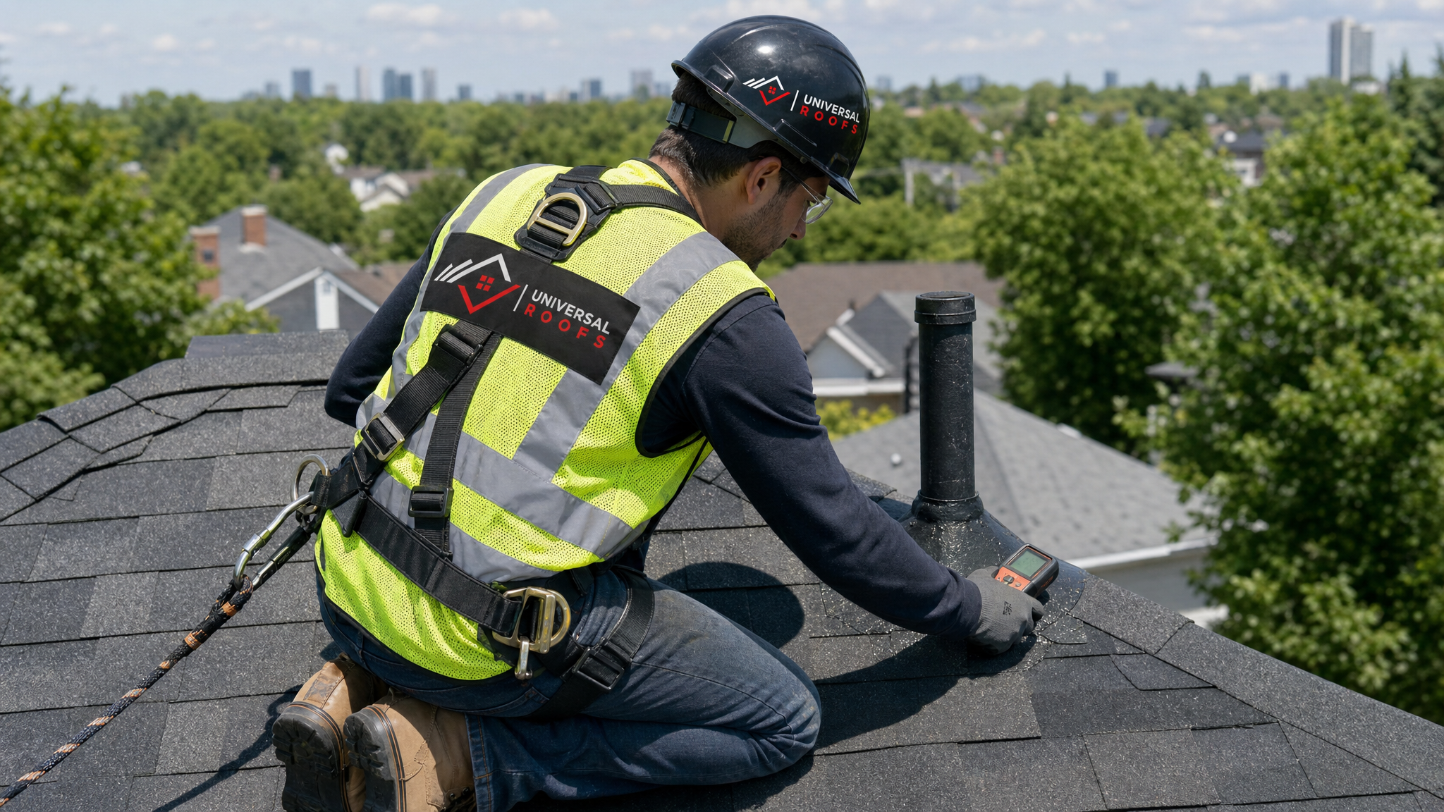 Roofing technician performing a proactive roof leak detection inspection on a sloped roof wearing full safety gear
