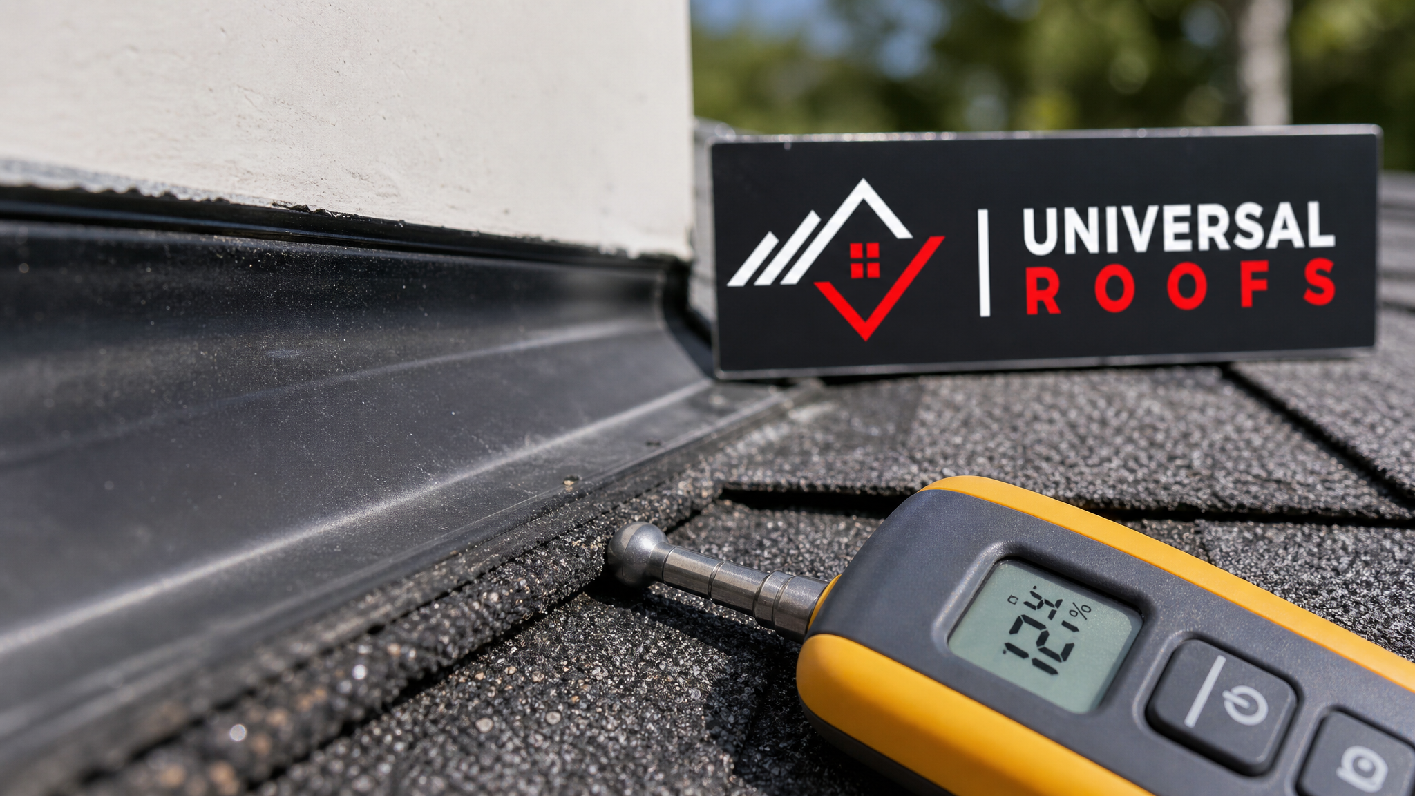 Close-up of a roof flashing seam and shingle edge showing a moisture meter probe reading during a professional leak inspection