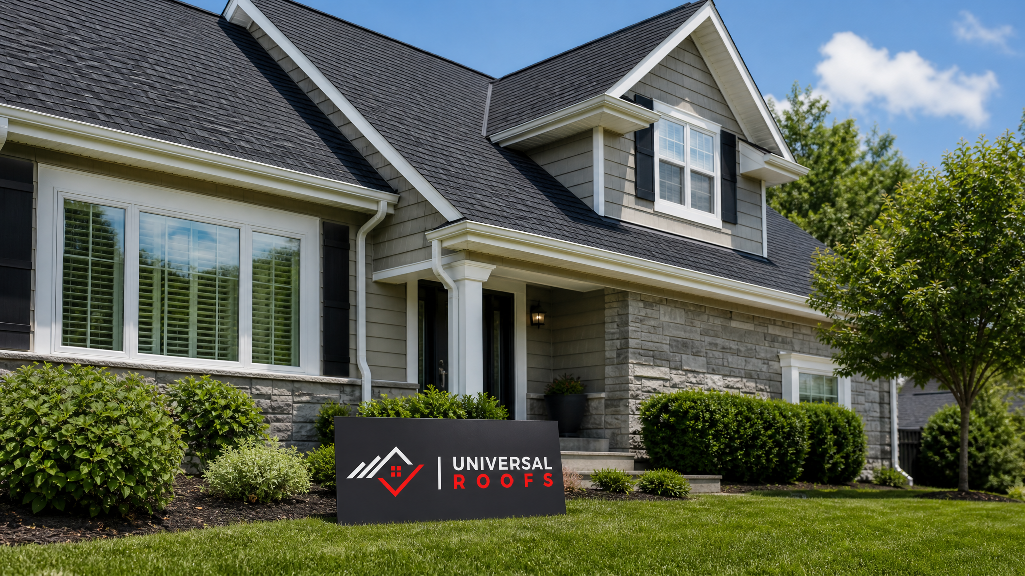 Dry, well-maintained Toronto home roofline in summer daylight after professional roof leak detection with a branded sign placard resting on the lawn