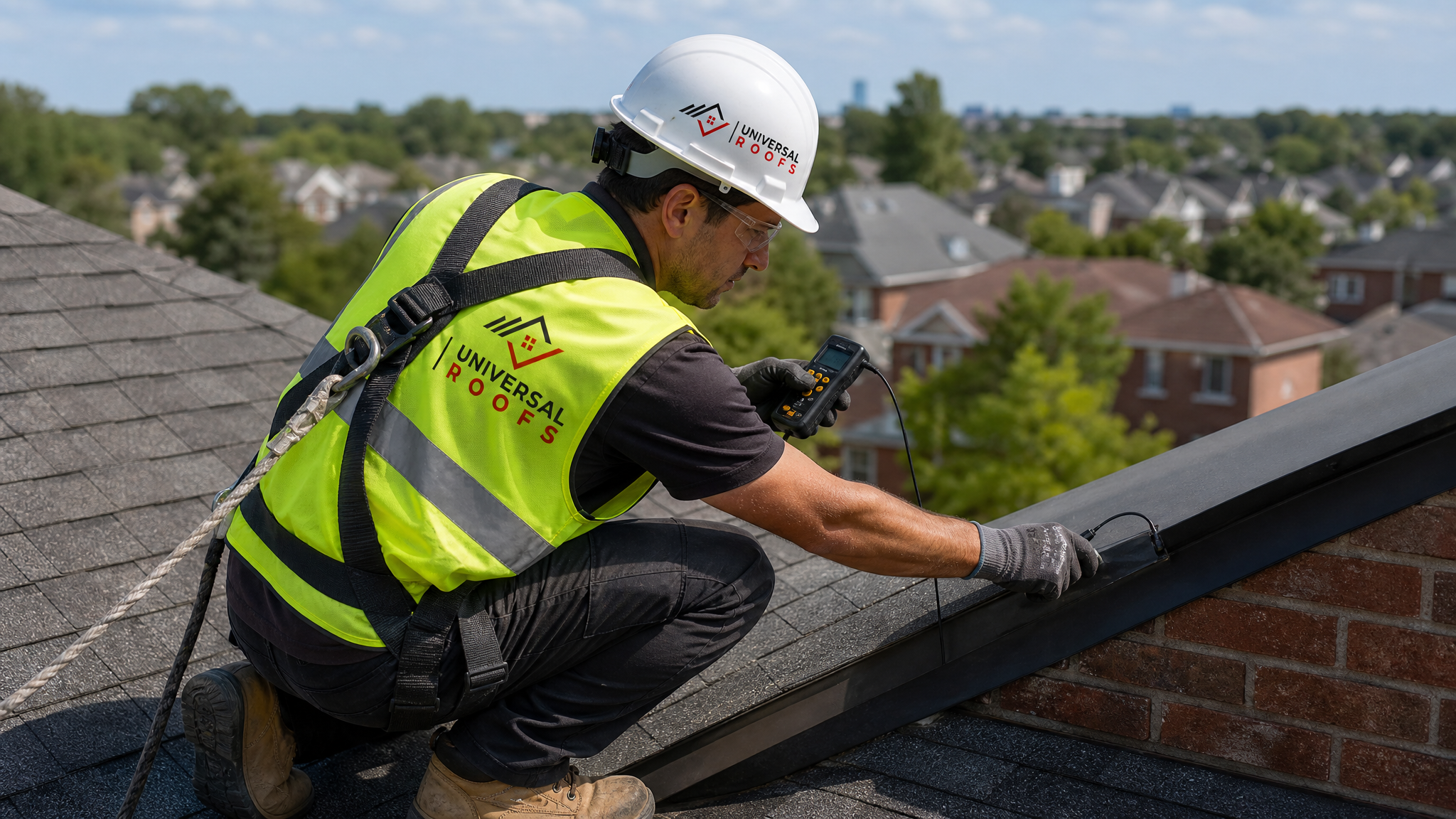 Roofing technician performing a moisture scan on a sloped residential roof in Toronto wearing full safety gear and a fall-protection harness