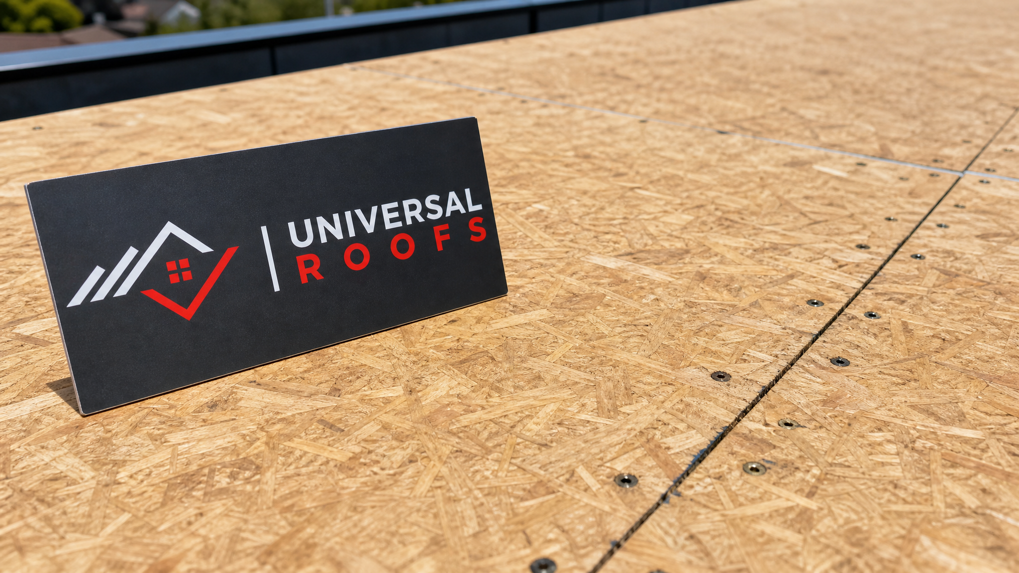 Close-up detail of new plywood roof decking sections and fasteners installed on a commercial roof repair