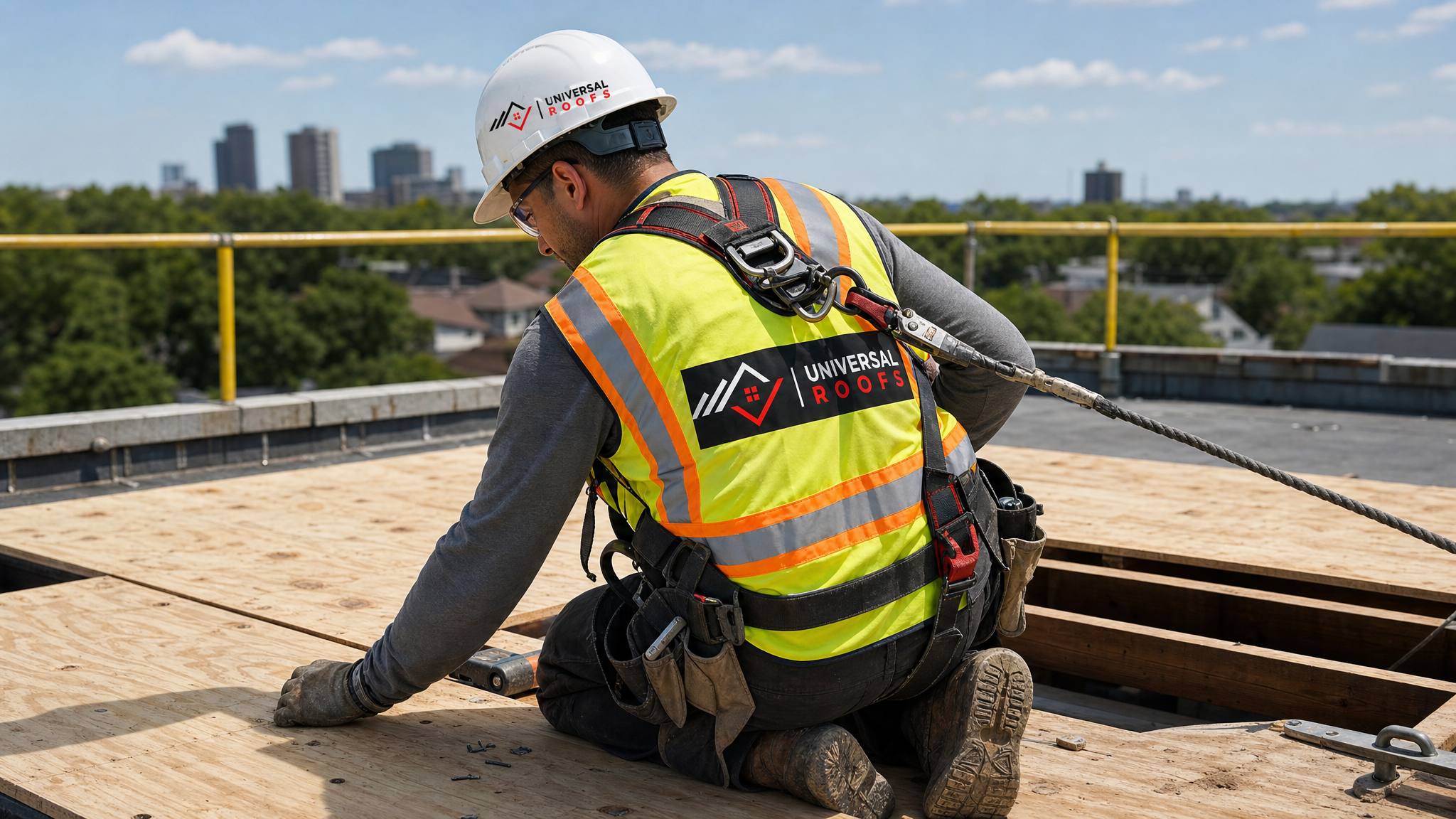 Roofer wearing full safety harness inspecting and replacing commercial roof decking on a Toronto flat roof