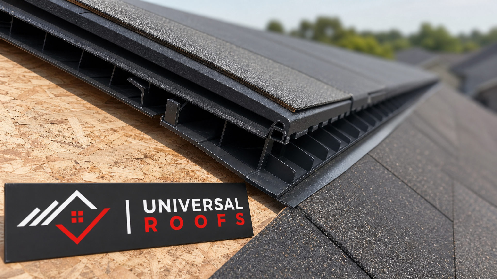 Close-up detail of a continuous ridge vent and baffle installation with a Universal Roofs branded sign nearby