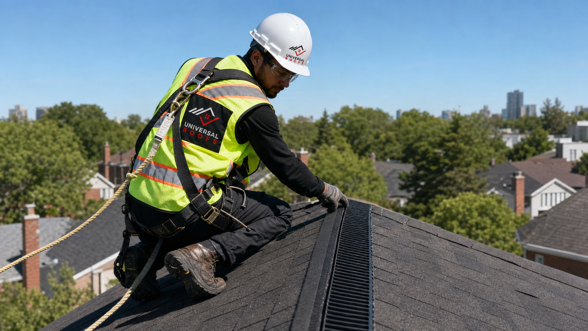 Roofer wearing full safety harness inspecting a ridge vent installation on a hot summer day on a Toronto residential roof
