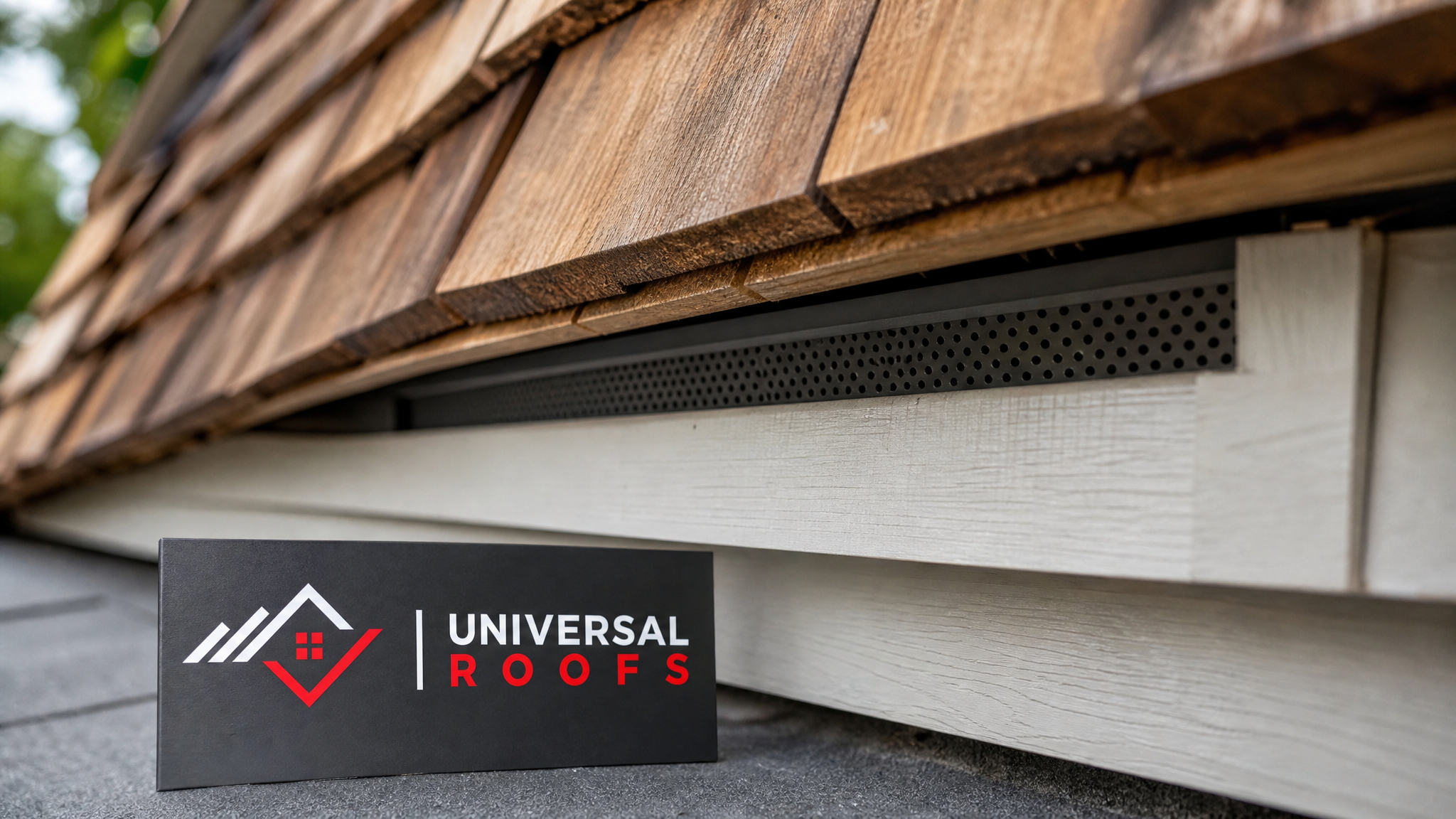 Close-up of a soffit intake vent and cedar shake underside showing proper airflow gap construction