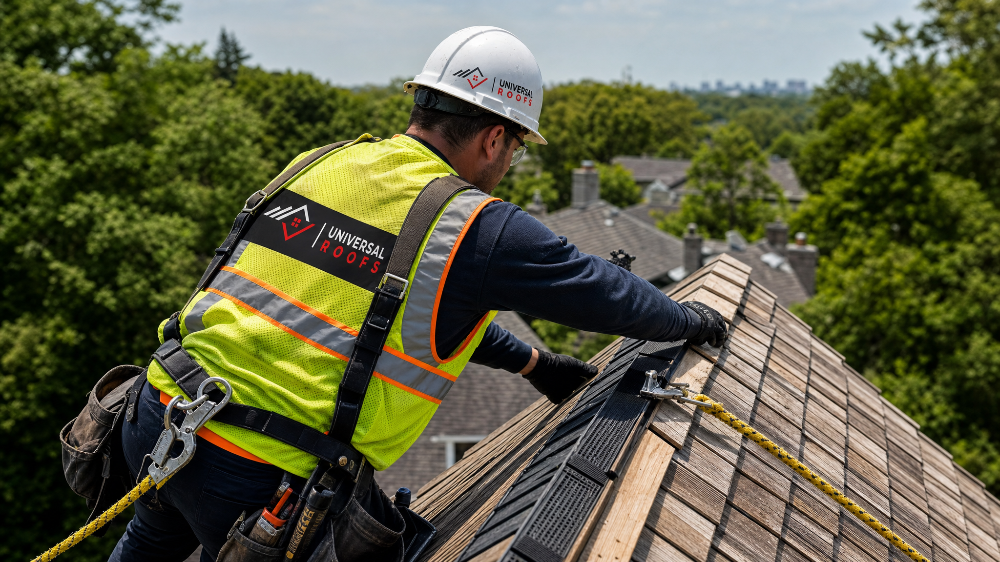 Roofer installing a ridge vent on a wood shake roof while wearing full safety harness and PPE