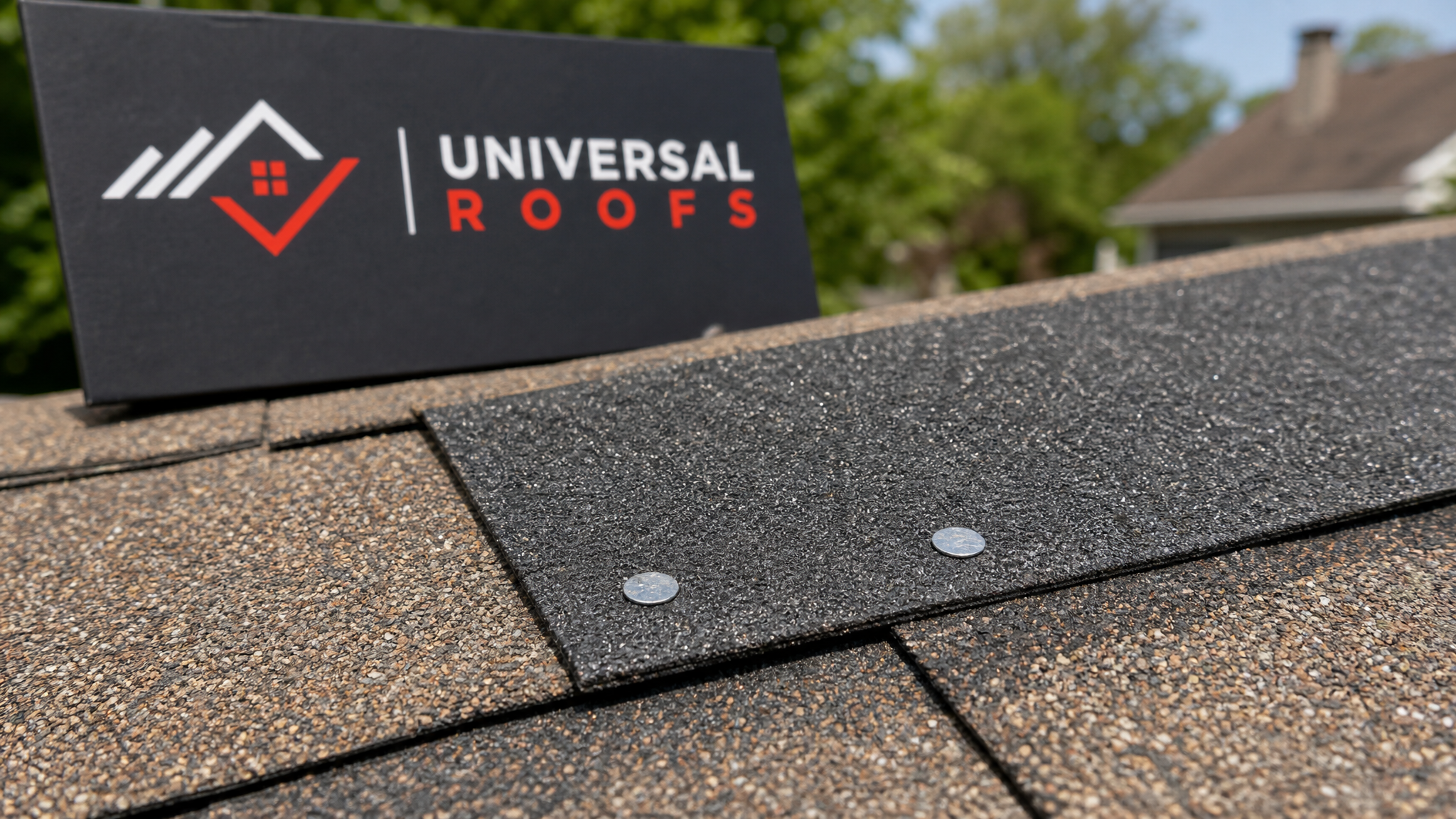 Close-up of a repaired asphalt shingle tab showing new nail placement and sealed edges next to older weathered shingles