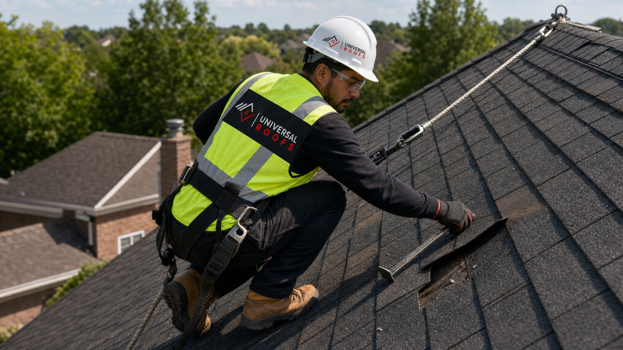 Roofing technician wearing full safety gear and a fall-protection harness replacing damaged asphalt shingles on a sloped roof