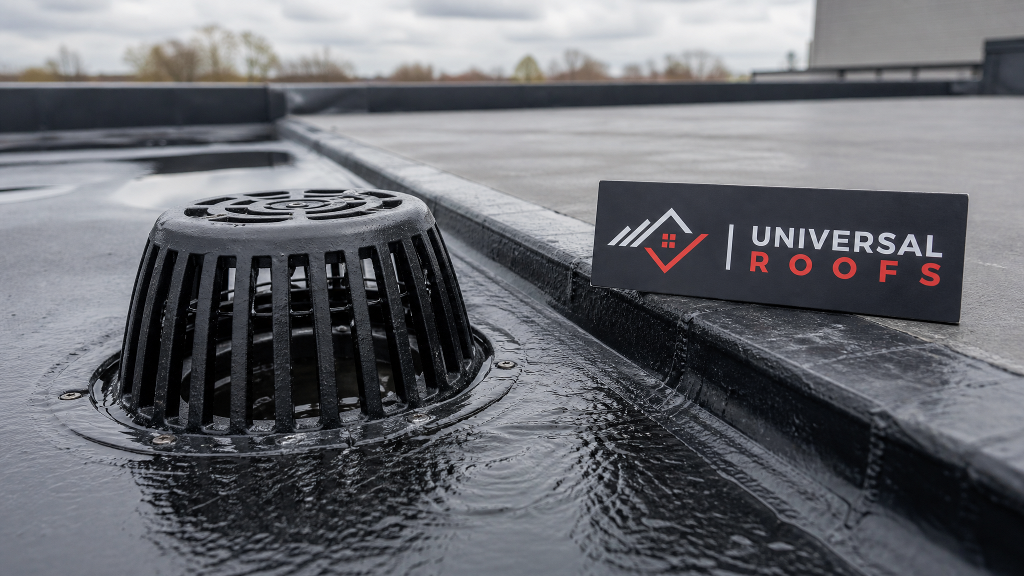 Close-up of a cleared commercial roof drain and membrane seam showing proper drainage after cleaning