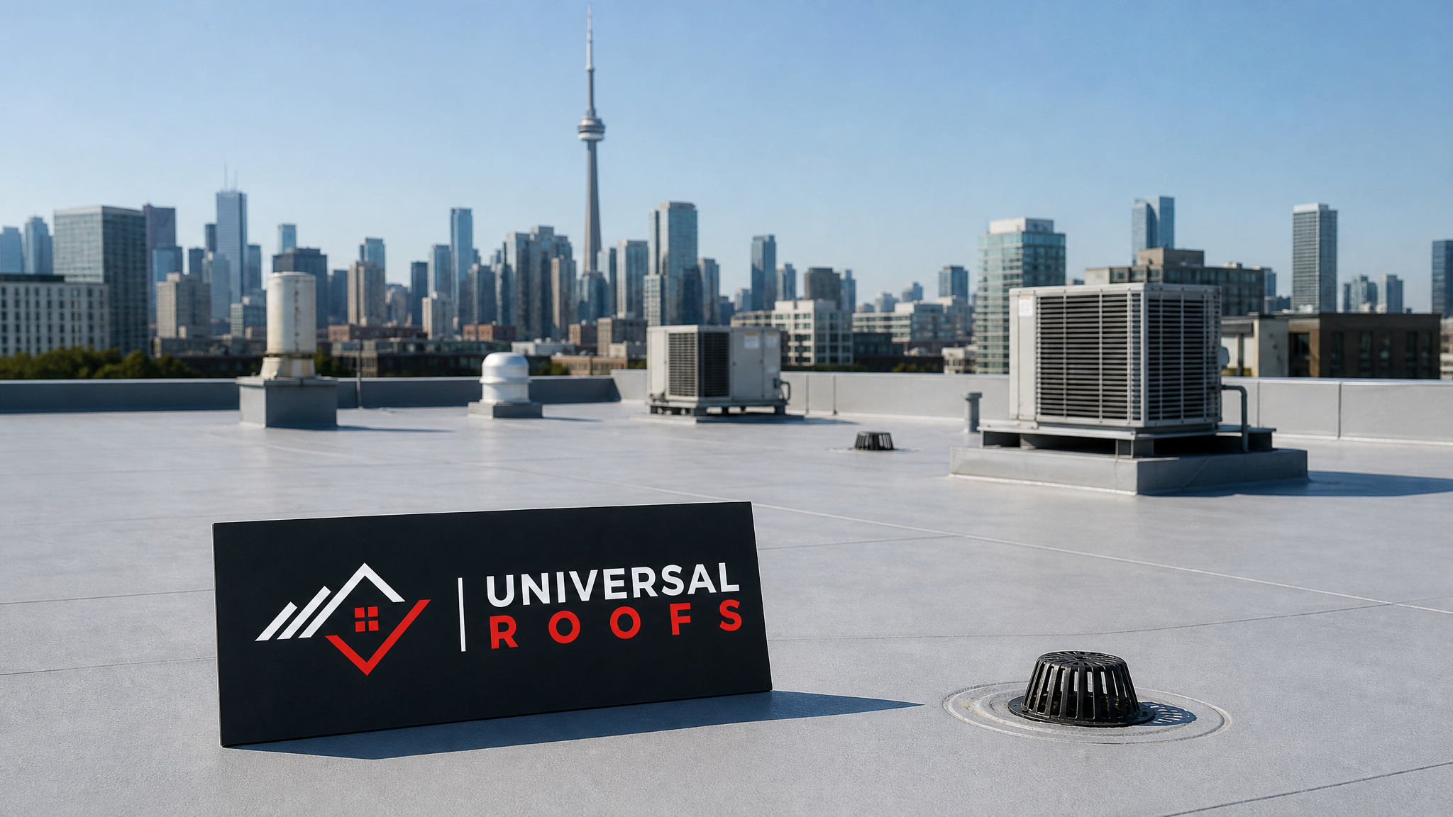 Clean, debris-free commercial flat roof membrane in summer daylight with rooftop HVAC units visible