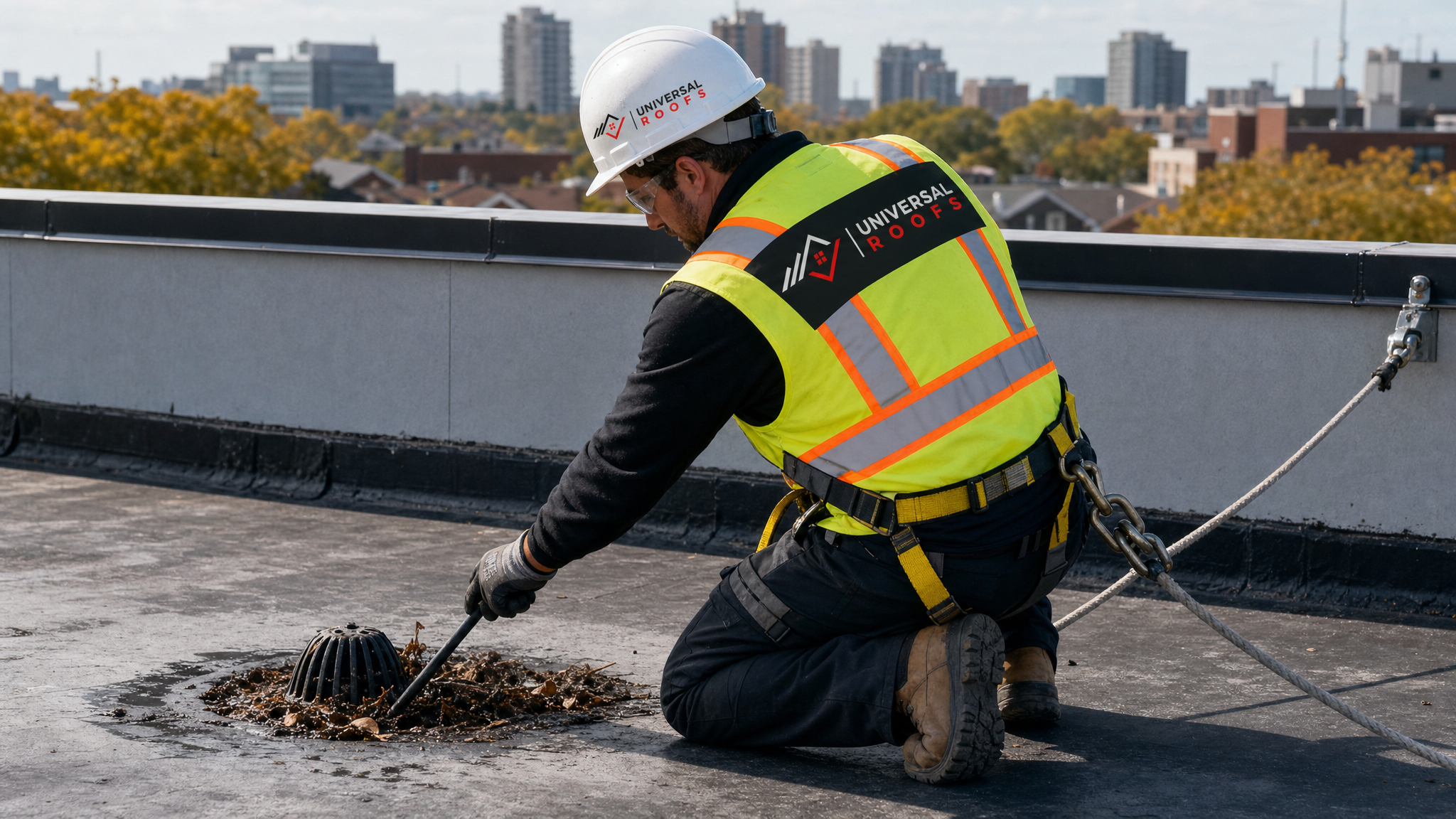 Roofing technician in full safety harness cleaning debris from a commercial flat roof drain in Toronto