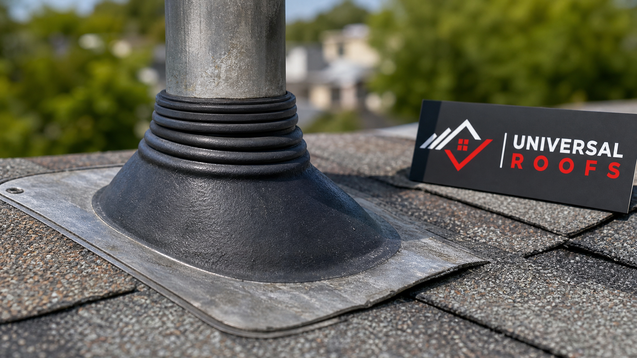 Close-up of a rubber and metal exhaust vent flashing boot compressed tightly around a roof pipe with a Universal Roofs branded sign placard nearby