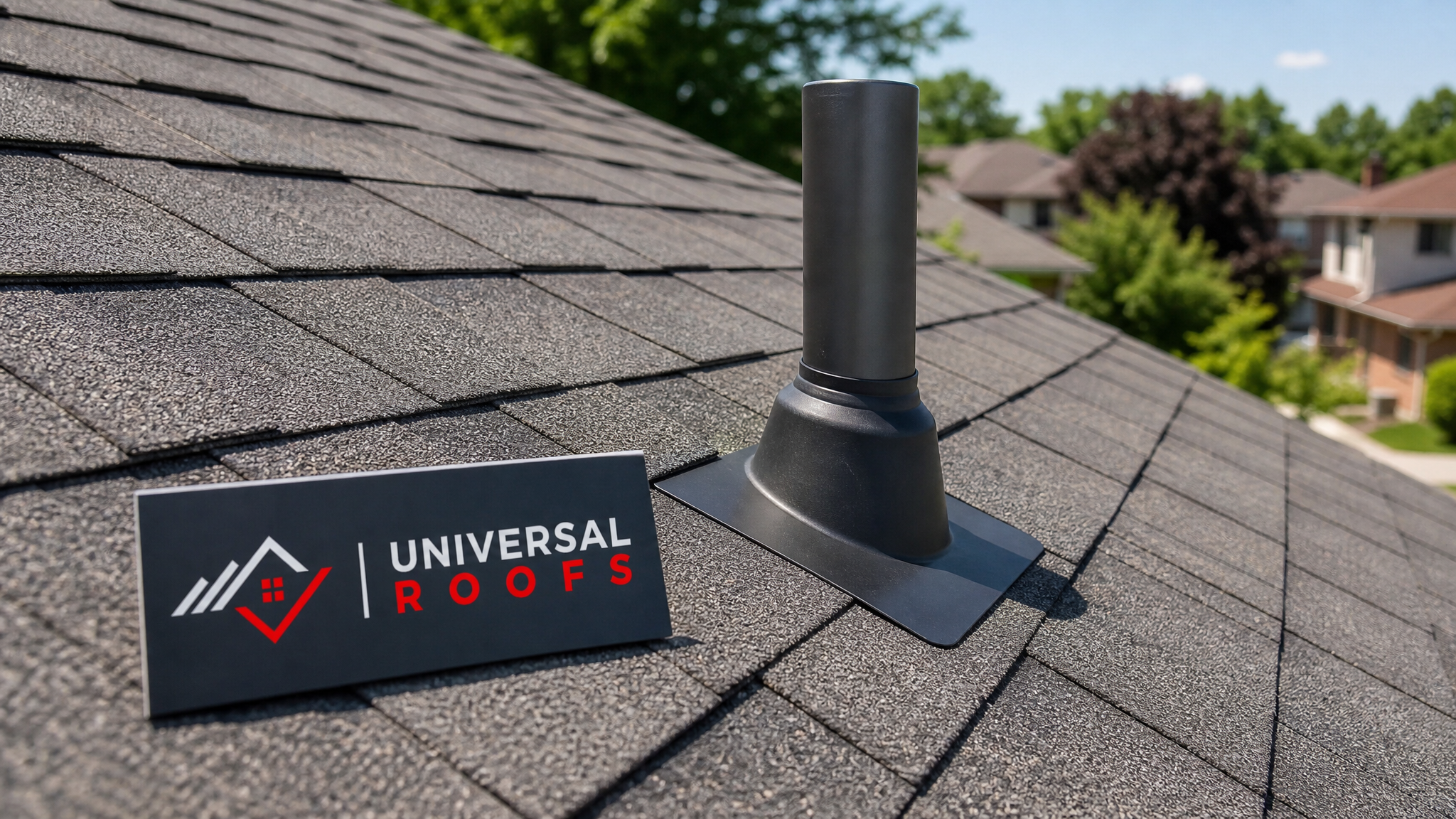 Newly flashed exhaust vent pipe on a Toronto home roof with sealed rubber boot and surrounding shingles on a sunny summer day