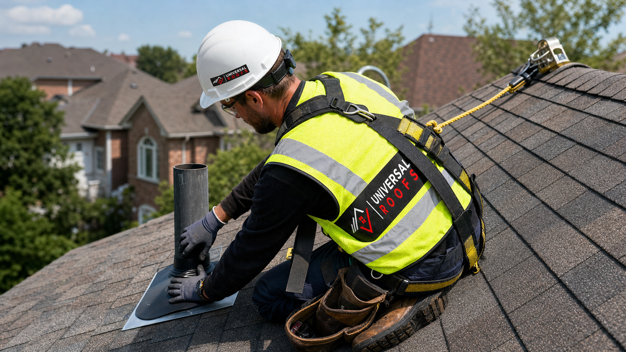 Roofer wearing hard hat, hi-vis vest, harness and safety rope installing new flashing around an exhaust vent pipe on a sloped roof in summer daylight