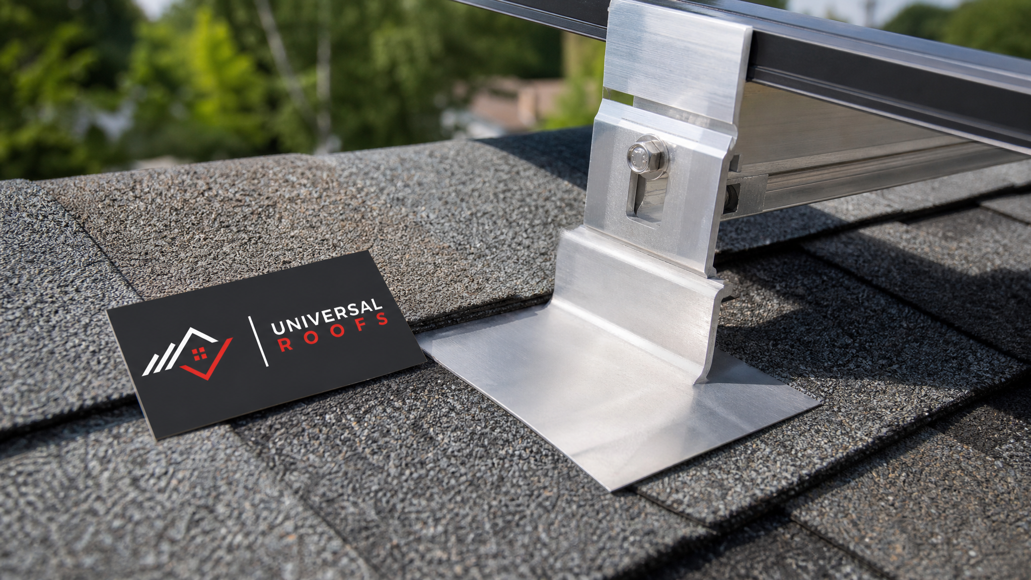 Close-up of an aluminum solar panel mounting foot with shingle-lapped flashing installed correctly on an asphalt shingle roof