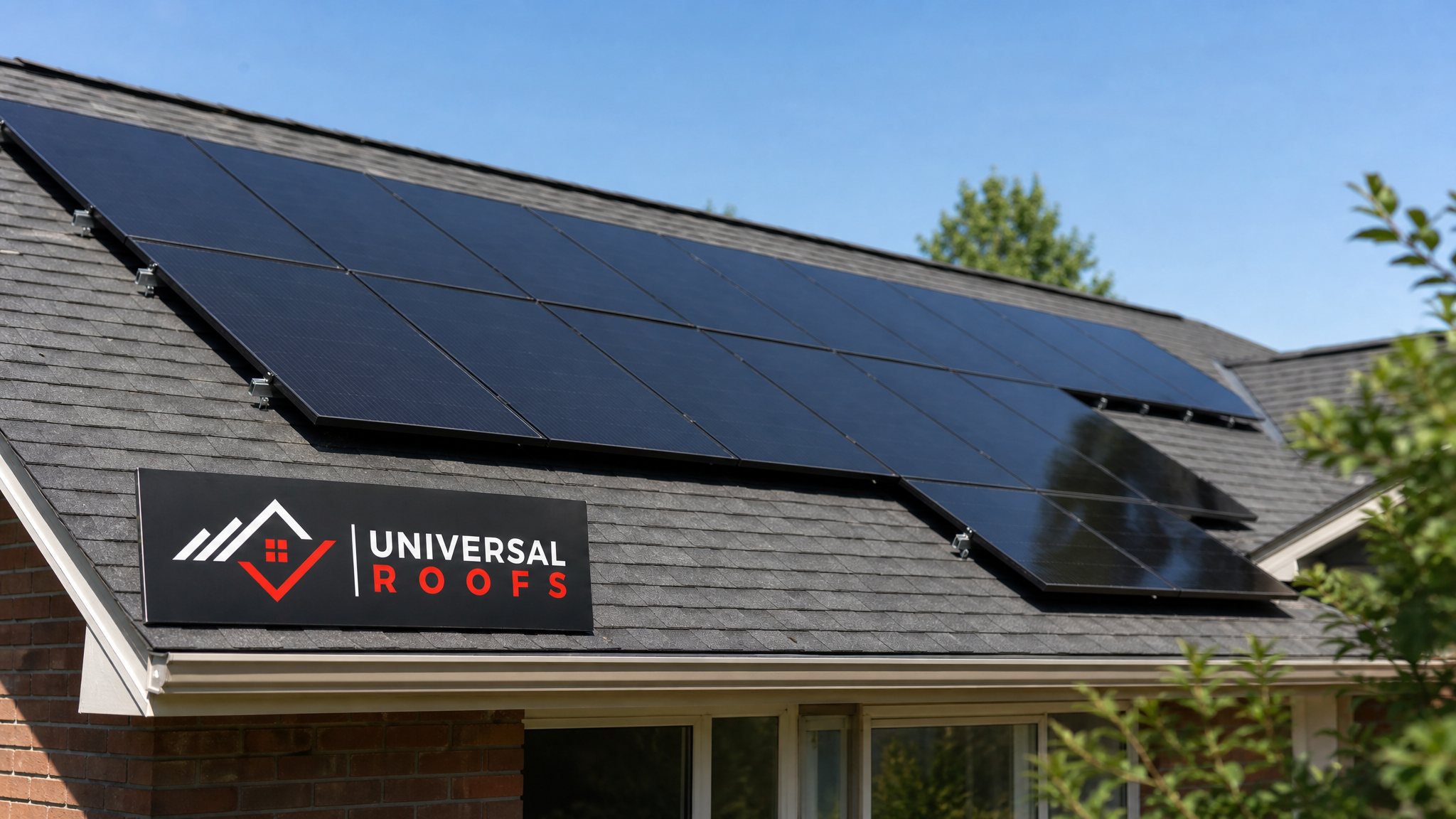 Finished solar panel array on a Toronto home roof with properly flashed mounting points and clear summer sky
